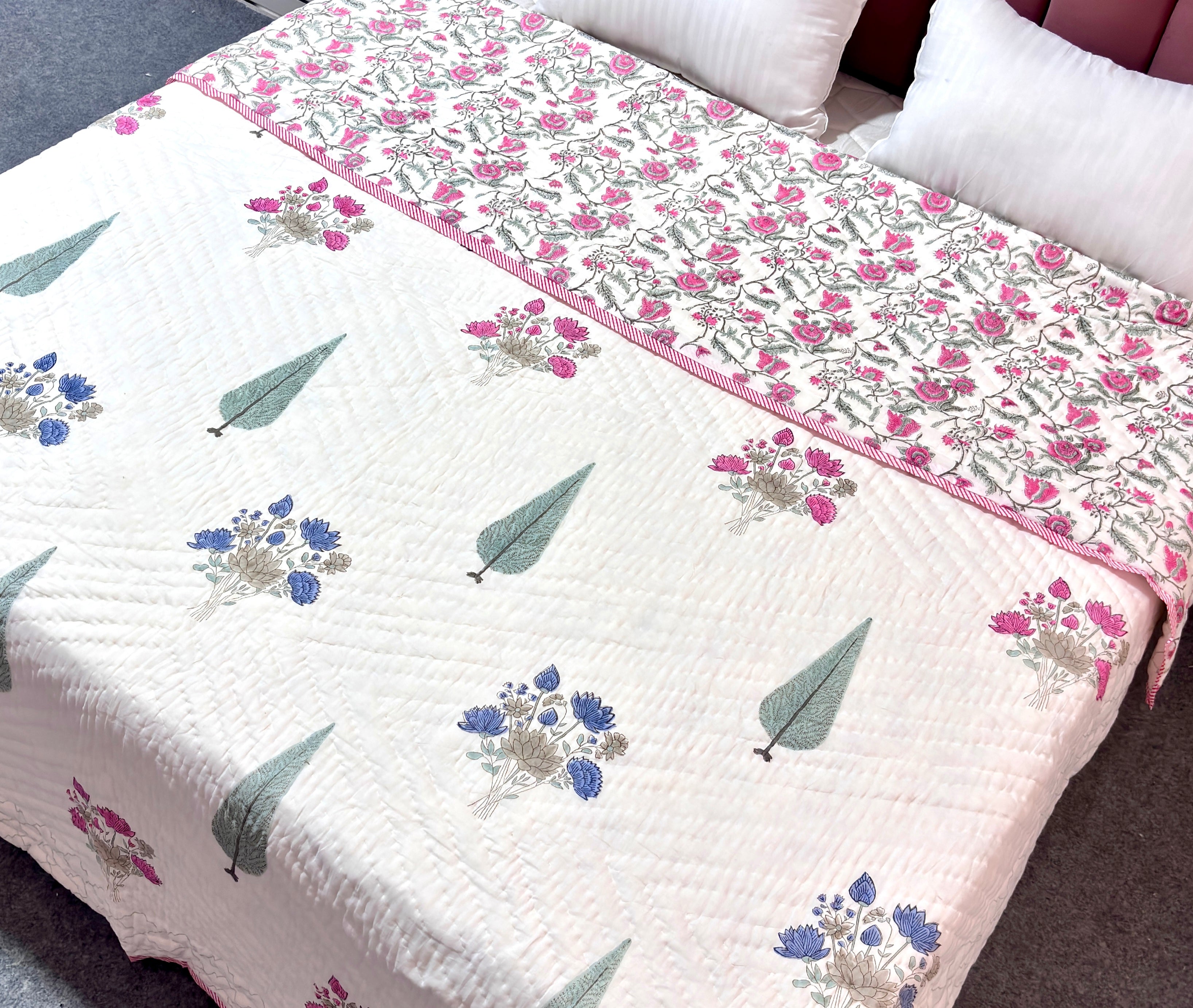 Hand Block Printed Cotton Quilt | Pink Floral Reversible Bedspread | Handmade Indian Quilt | Lightweight Queen & King Size Bedding | All Season Quilt