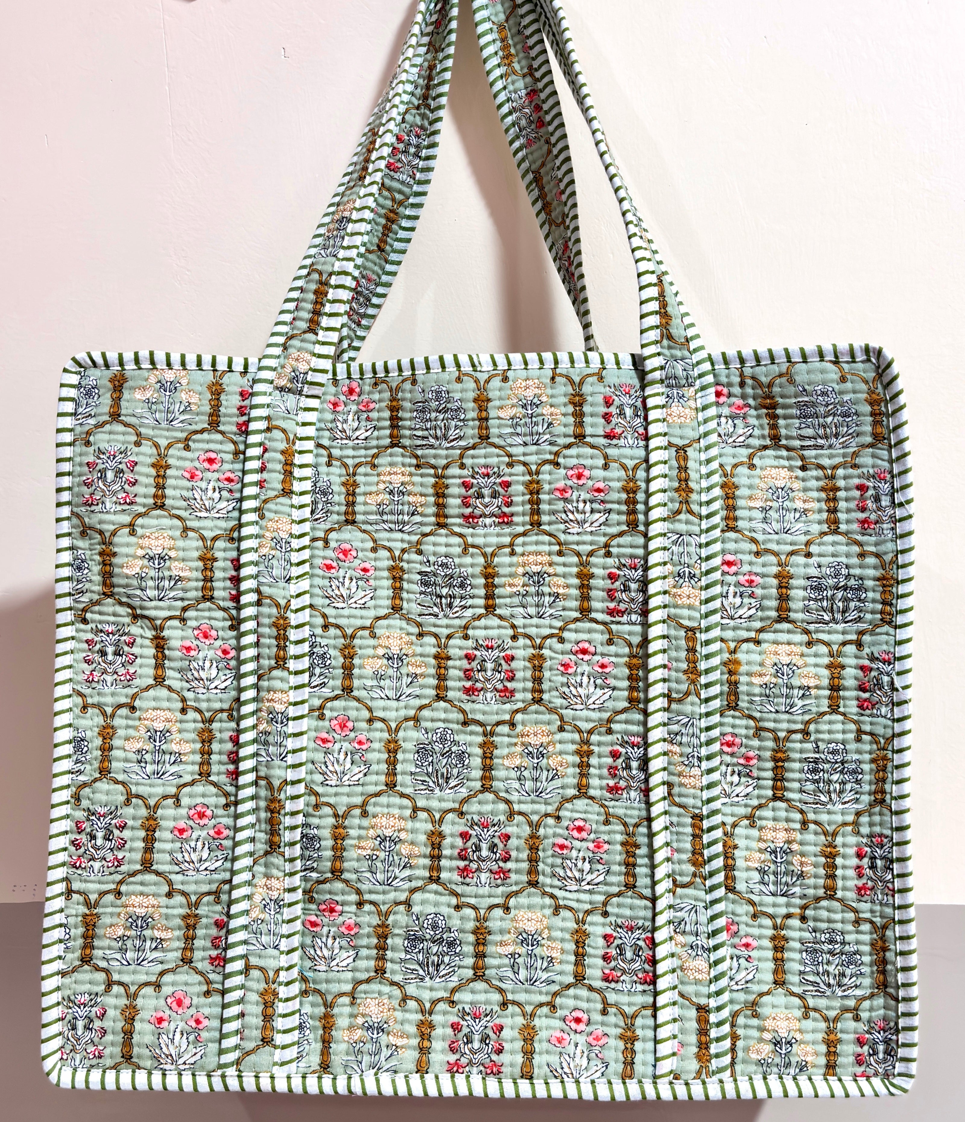 # Green Floral Print Tote Bag | Green Cotton Hand Block Printed Reusable Shopping Bag | Handmade Fabric Tote Bag