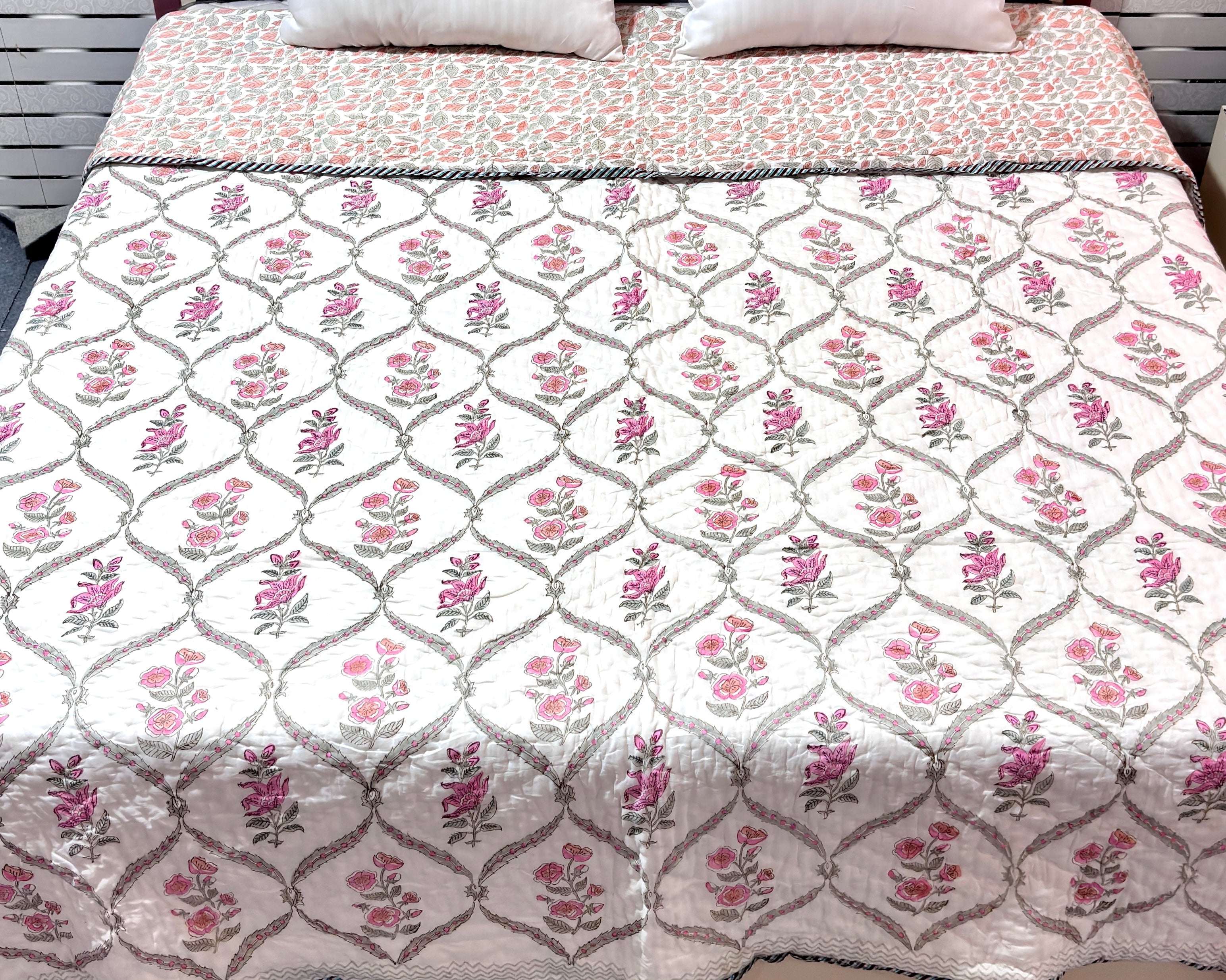 Floral Cotton Quilt | Pink Rose & Leaf Printed Bed Quilt | Traditional Indian Cotton Bedspread | Handmade Bedding