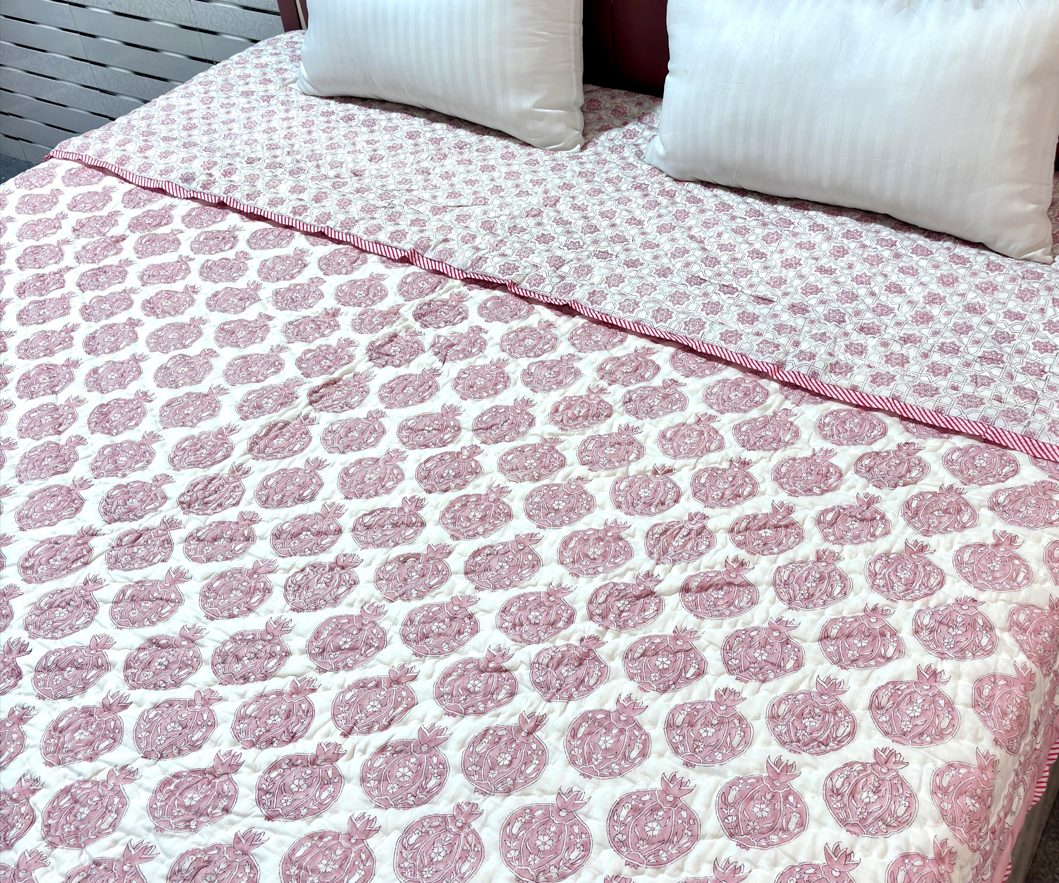 Pink Floral Block Print Cotton Quilt | Handmade Reversible Bed Quilt | Soft Quilted Bedspread | Indian Handcrafted Bedding
