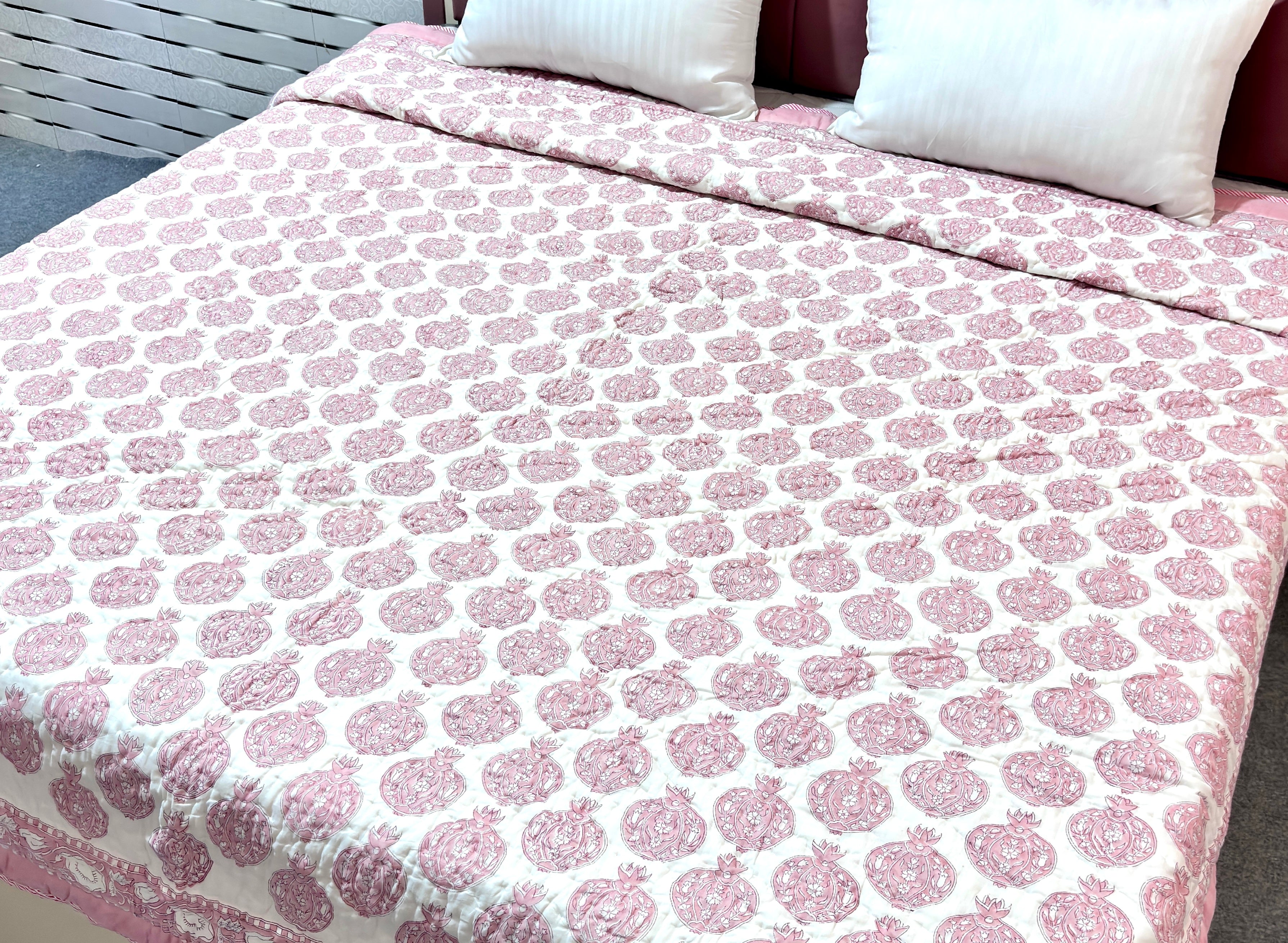 Pink Floral Block Print Cotton Quilt | Handmade Reversible Bed Quilt | Soft Quilted Bedspread | Indian Handcrafted Bedding