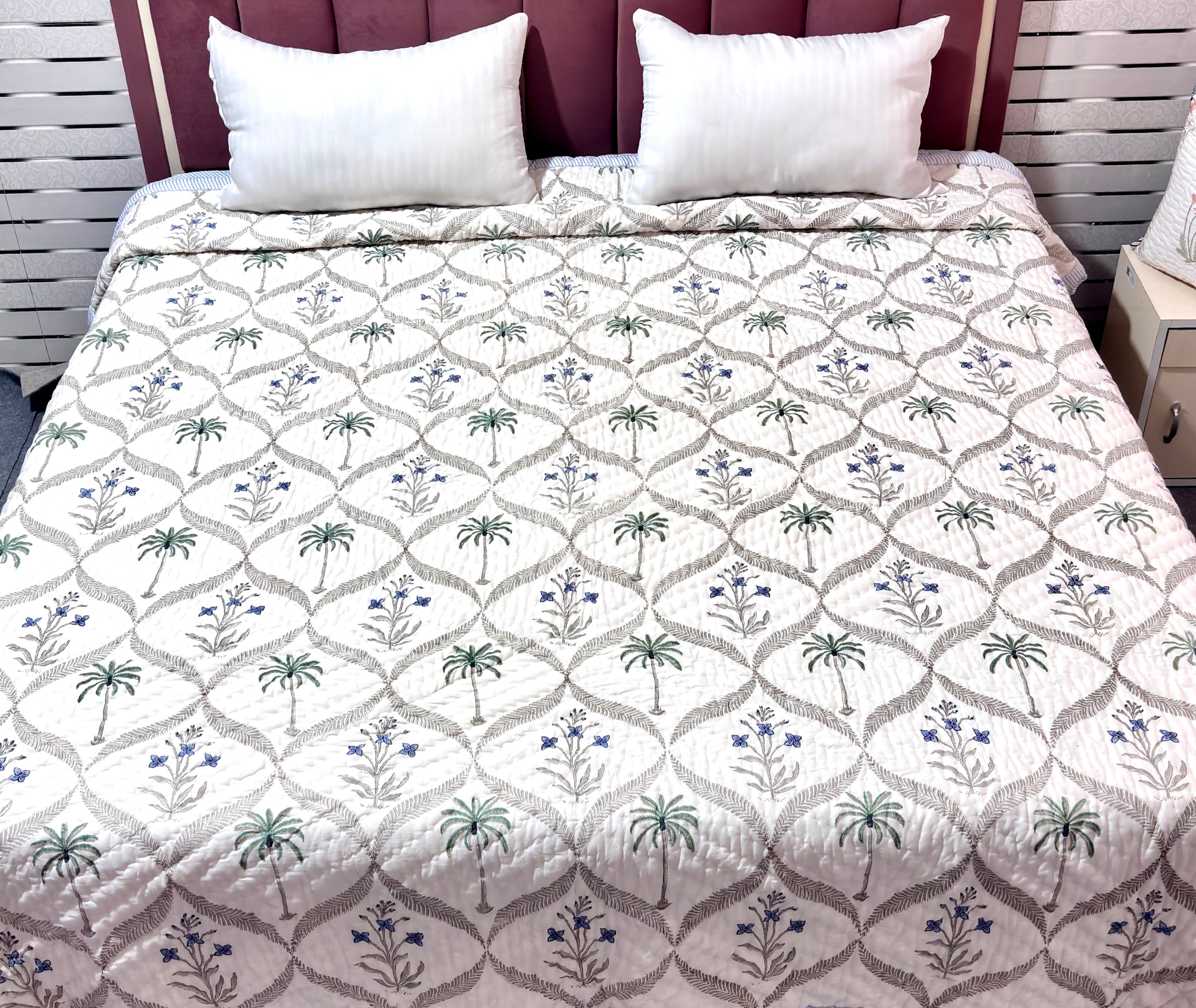 Blue Floral Cotton Quilt | Reversible Hand Block Printed Quilt | Palm Tree & Floral Quilted Bedspread | Lightweight Summer Bedding
