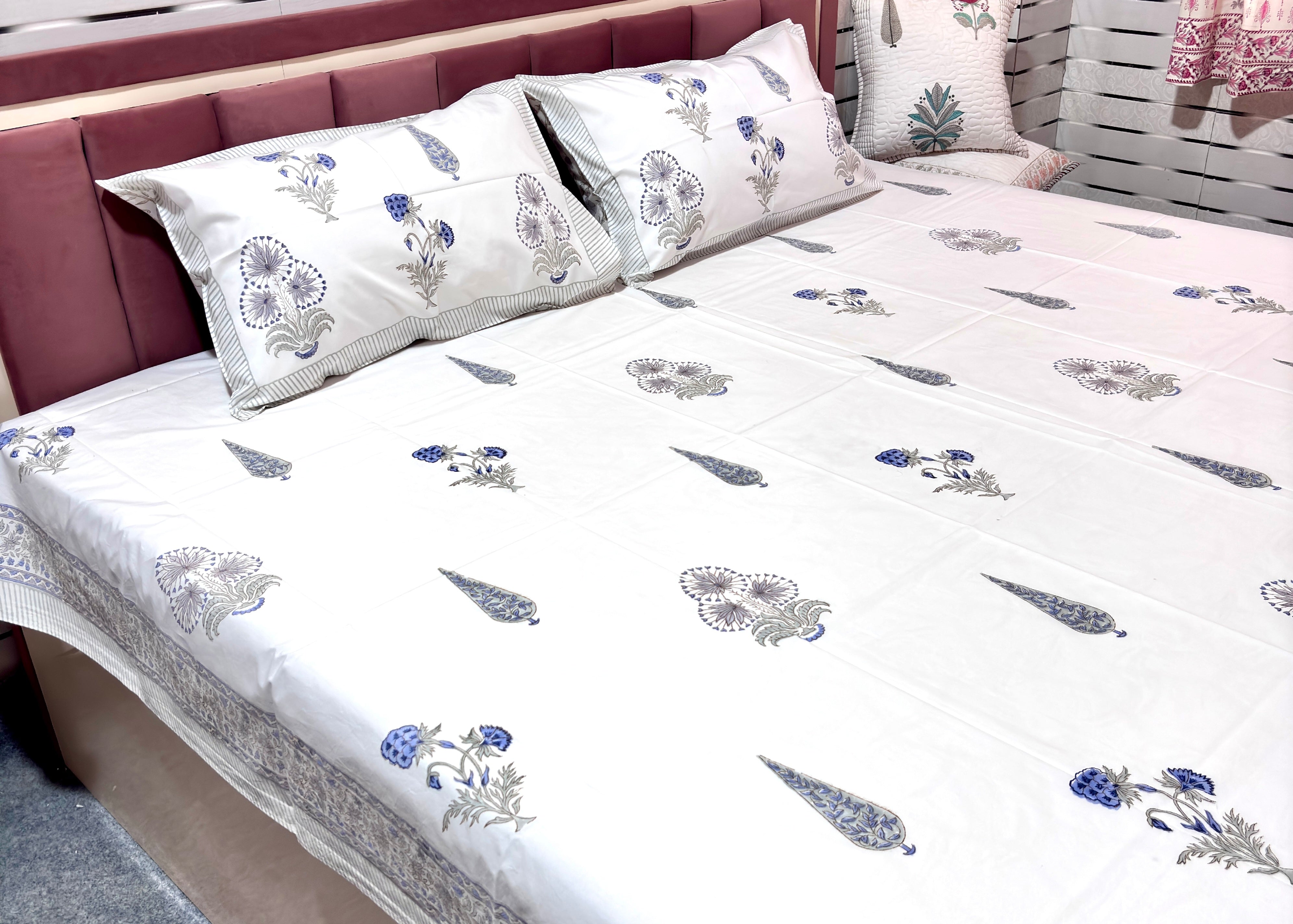 Hand Block Print Cotton Bedsheet Queen Size, Blue Floral Bedding Set, Handmade Indian Bed Linen, Luxury Bedroom Decor