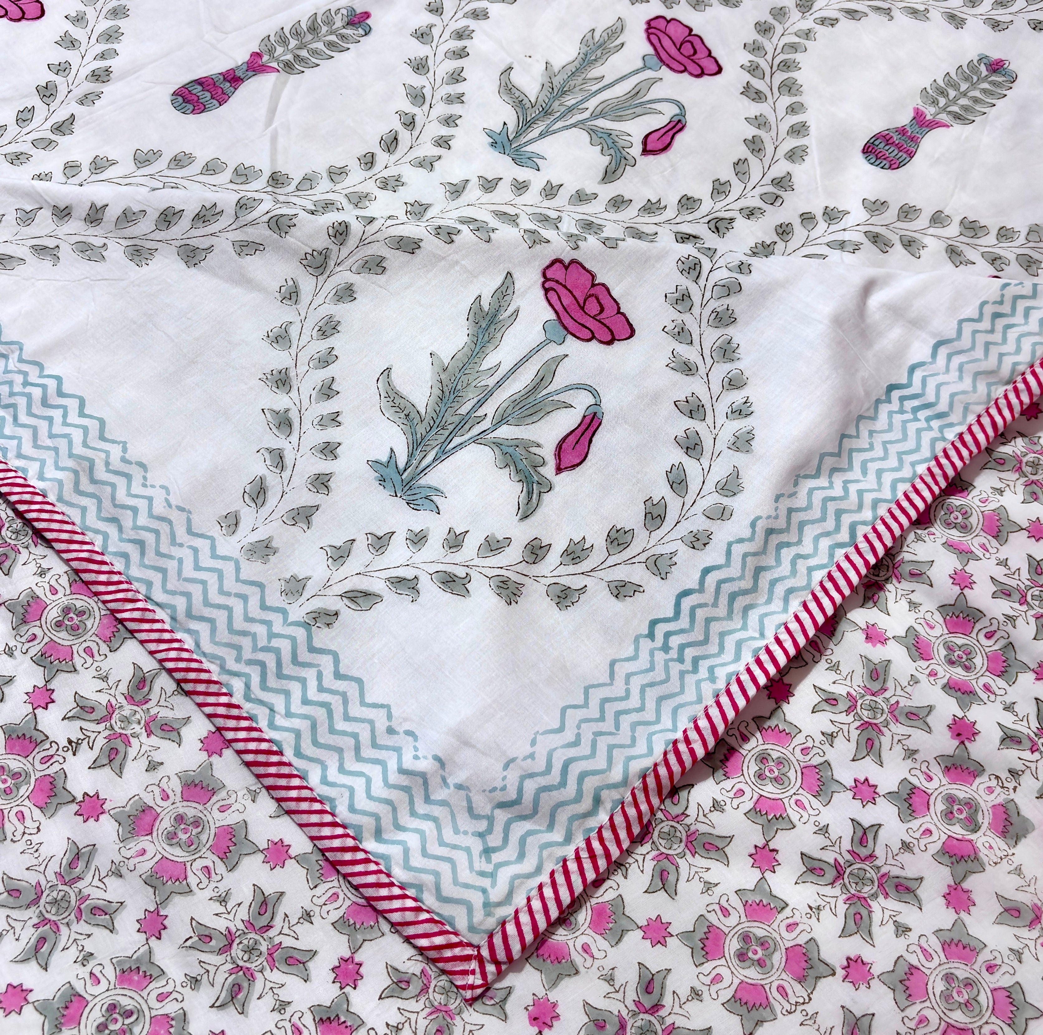 White Pink Green Floral Cotton Dohar | Paisley Printed Summer Dohar | Hand Block Printed Jaipuri Dohar | Soft Lightweight AC Blanket