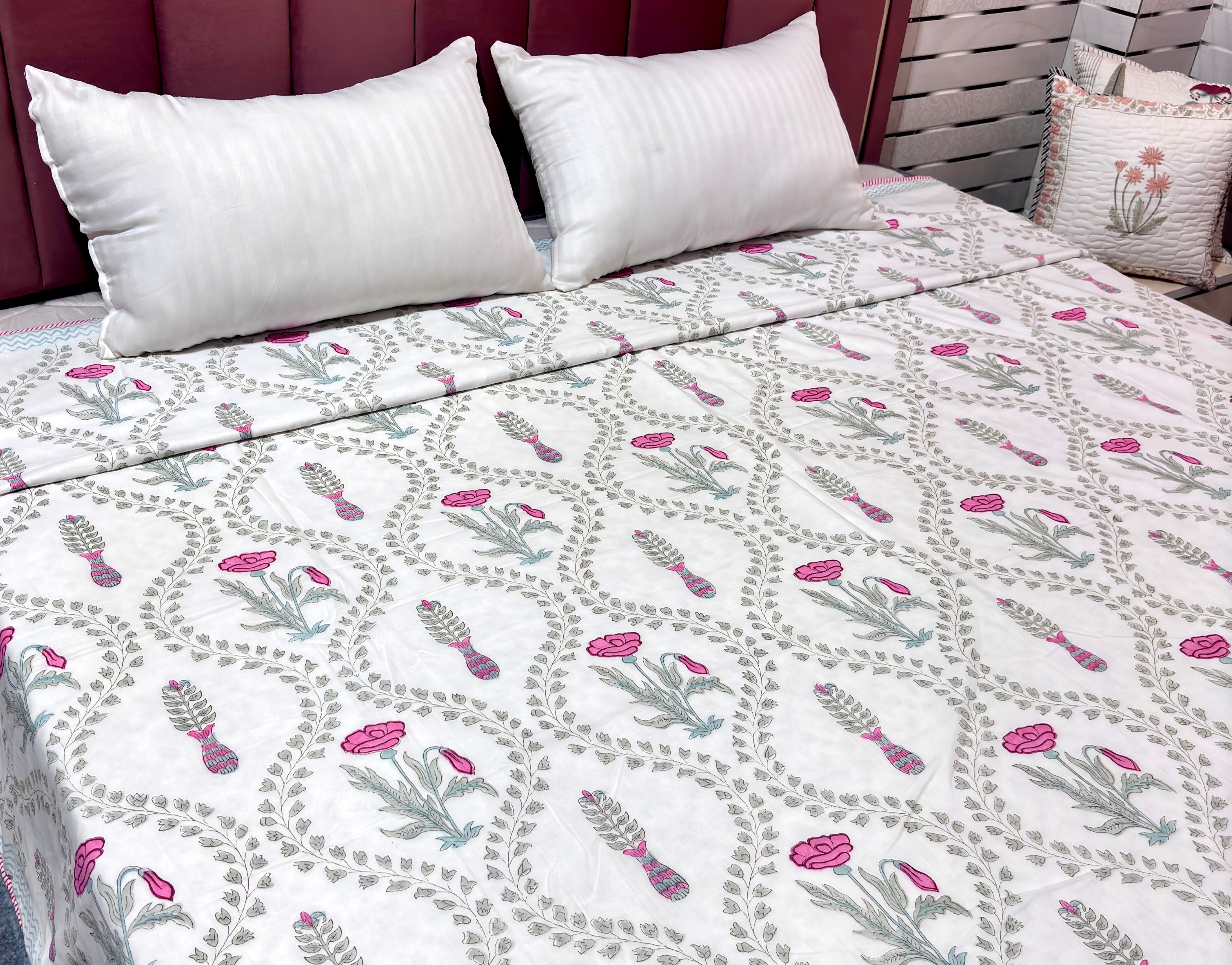 White Pink Green Floral Cotton Dohar | Paisley Printed Summer Dohar | Hand Block Printed Jaipuri Dohar | Soft Lightweight AC Blanket
