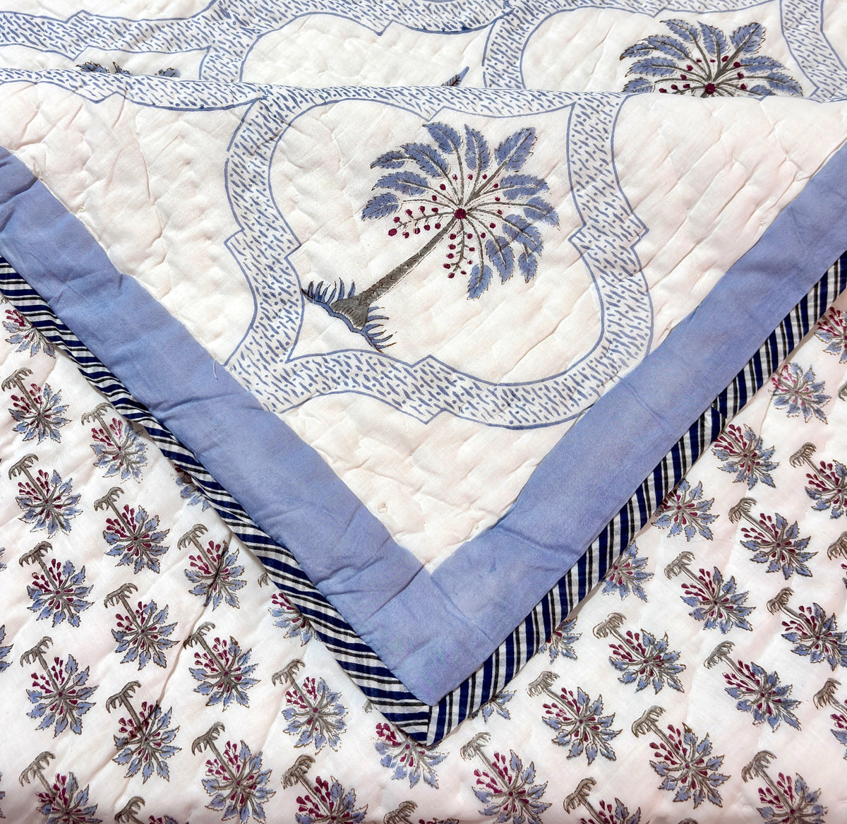 White Blue Floral Cotton Quilt | Printed Reversible Bedspread | Queen Size