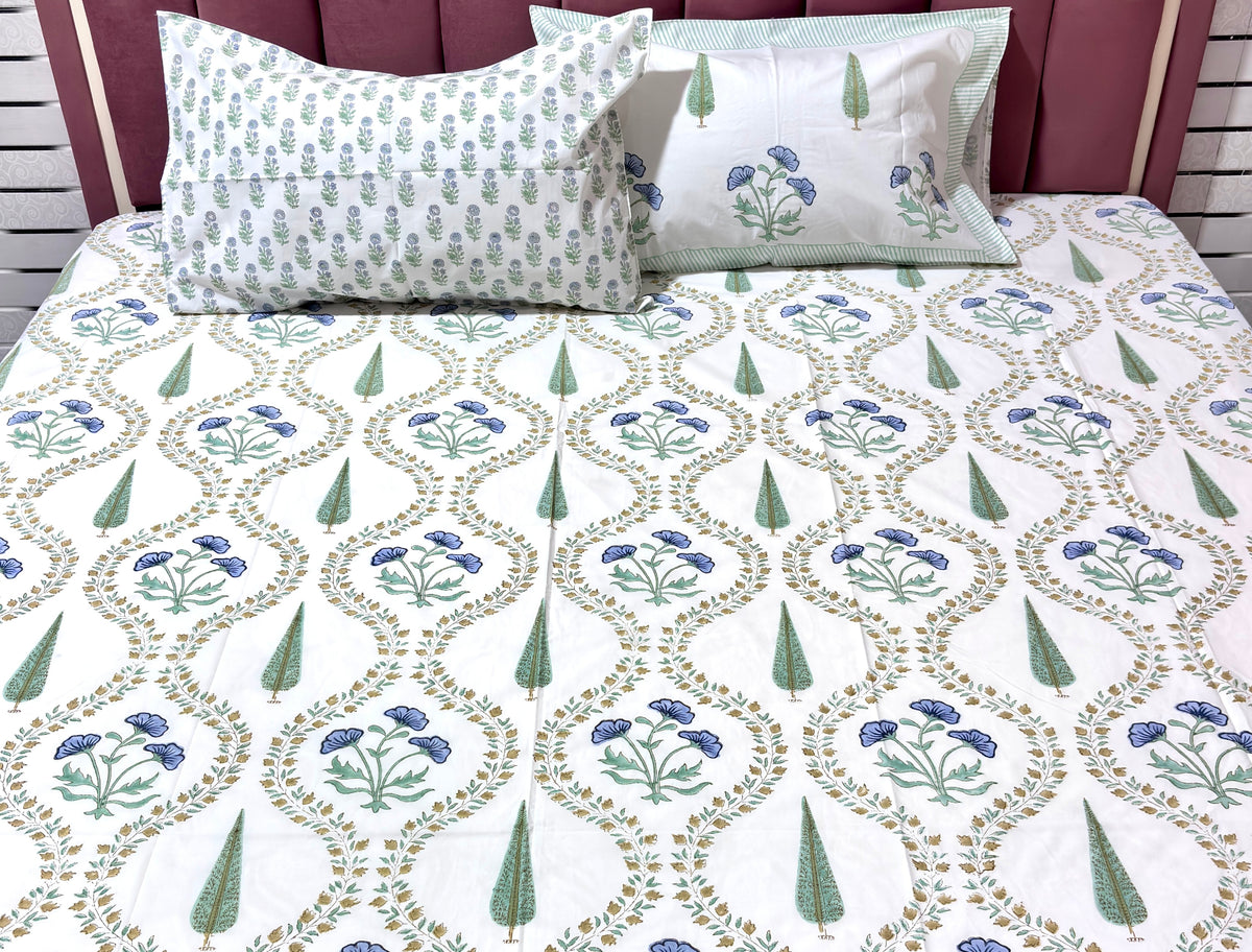 White Blue Floral Cotton Bedsheet | Green Leaf Printed Double Bed Sheet | Elegant Indian Floral Bedding |  King Size