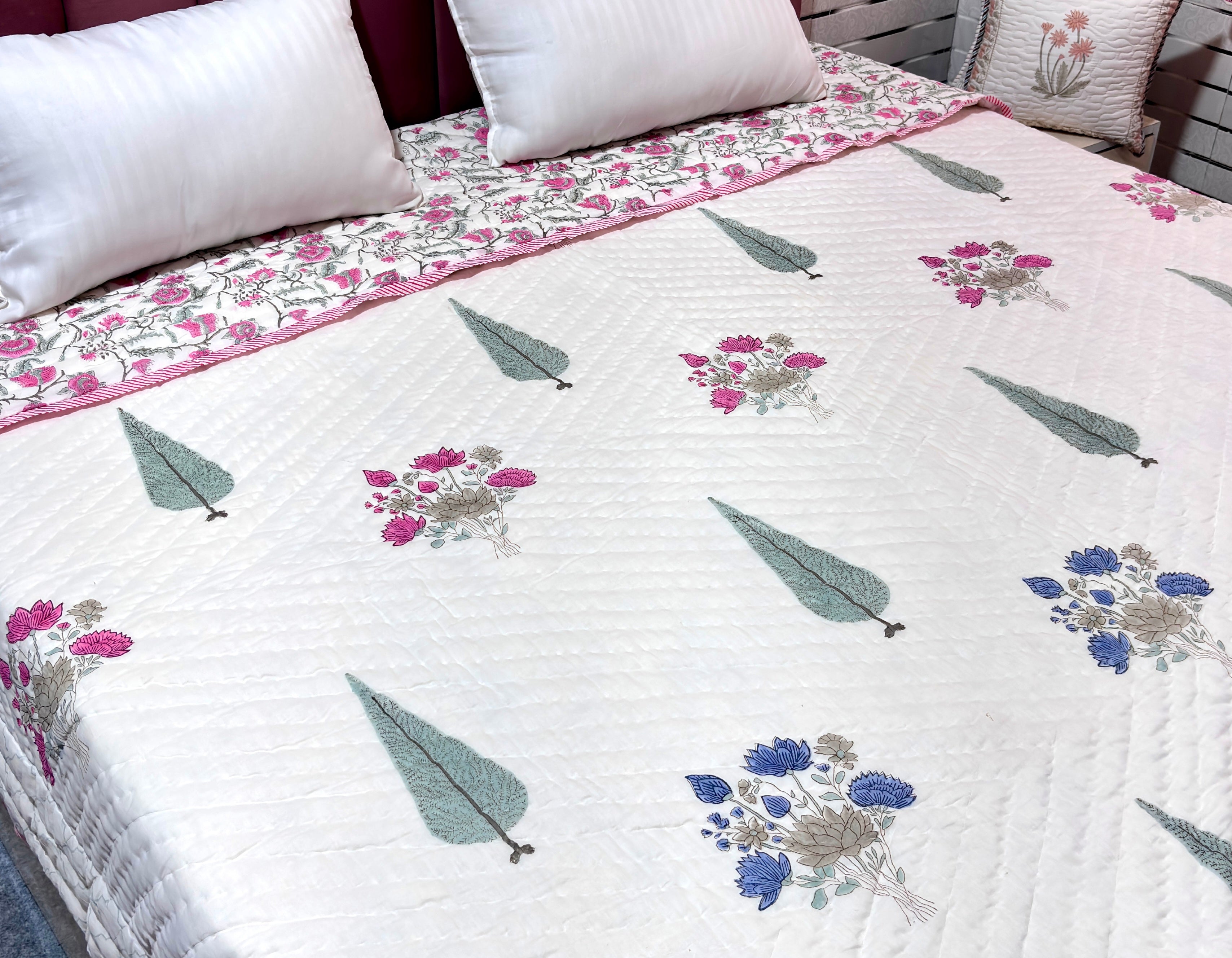 Pink Floral Cotton Quilt | Handmade Indian Block Print Bed Quilt | Soft Quilted Bedspread | Reversible Cotton Bedding