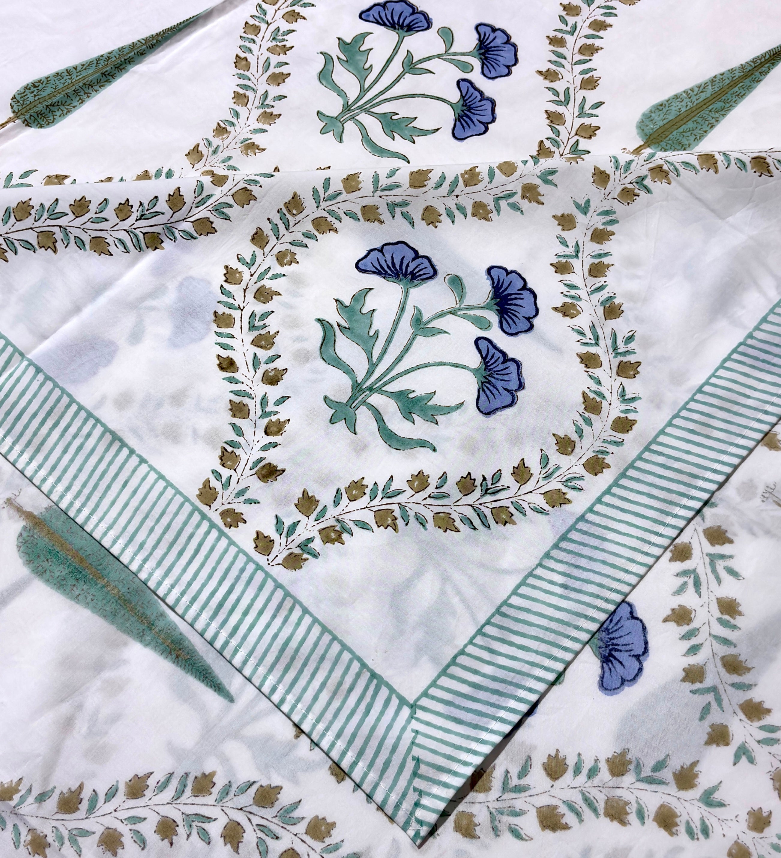 White Blue Floral Cotton Bedsheet | Green Leaf Printed Double Bed Sheet | Elegant Indian Floral Bedding |  King Size
