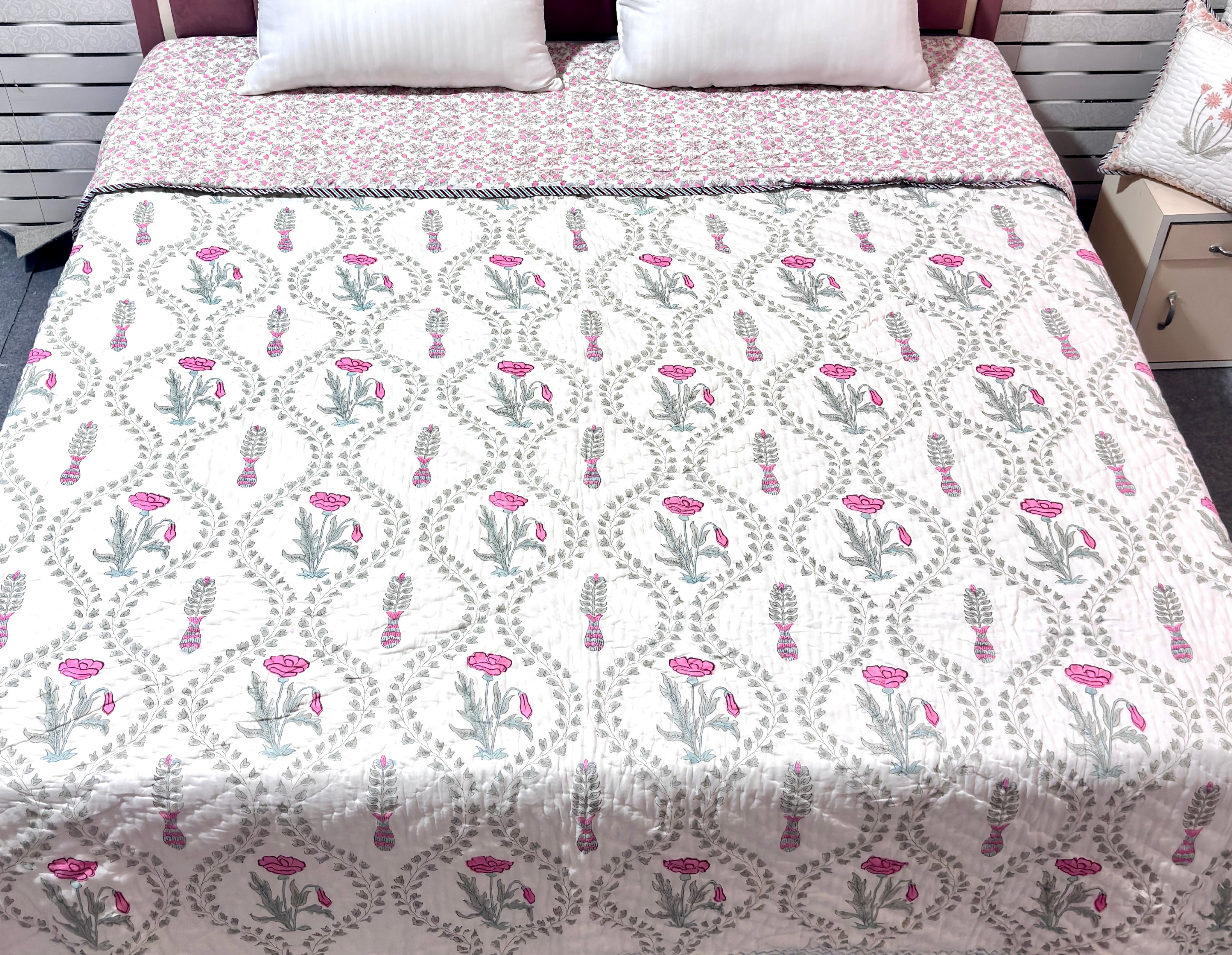 Pink Jal Floral Cotton Quilt | Quilted Bedspread | Hand Block Printed Handmade Quilt | Soft Lightweight Summer Bedding