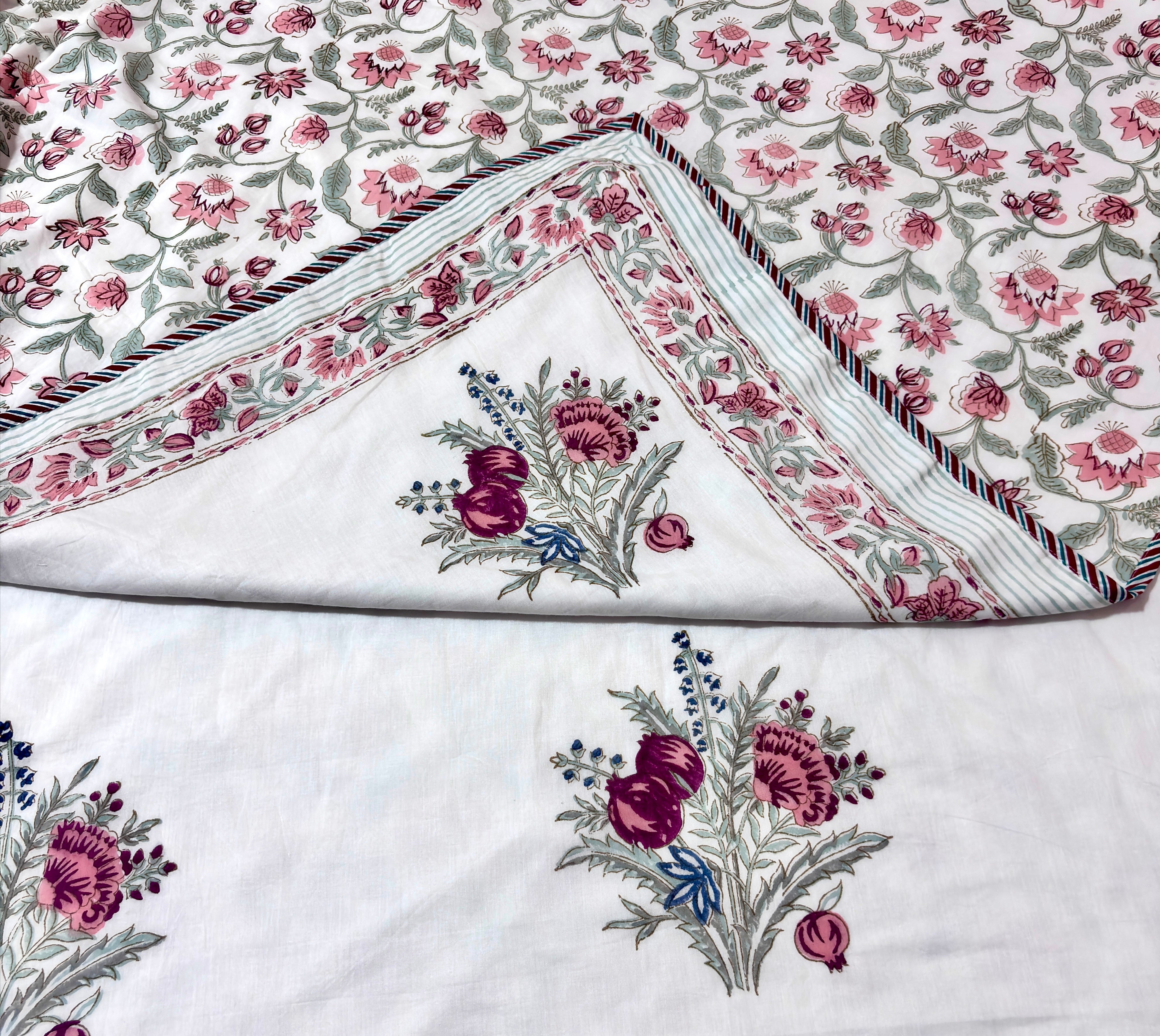 Floral Hand Block Print Cotton Dohar, Lightweight Summer Blanket, Reversible AC Dohar, Indian Cotton Throw, Handmade Bedding