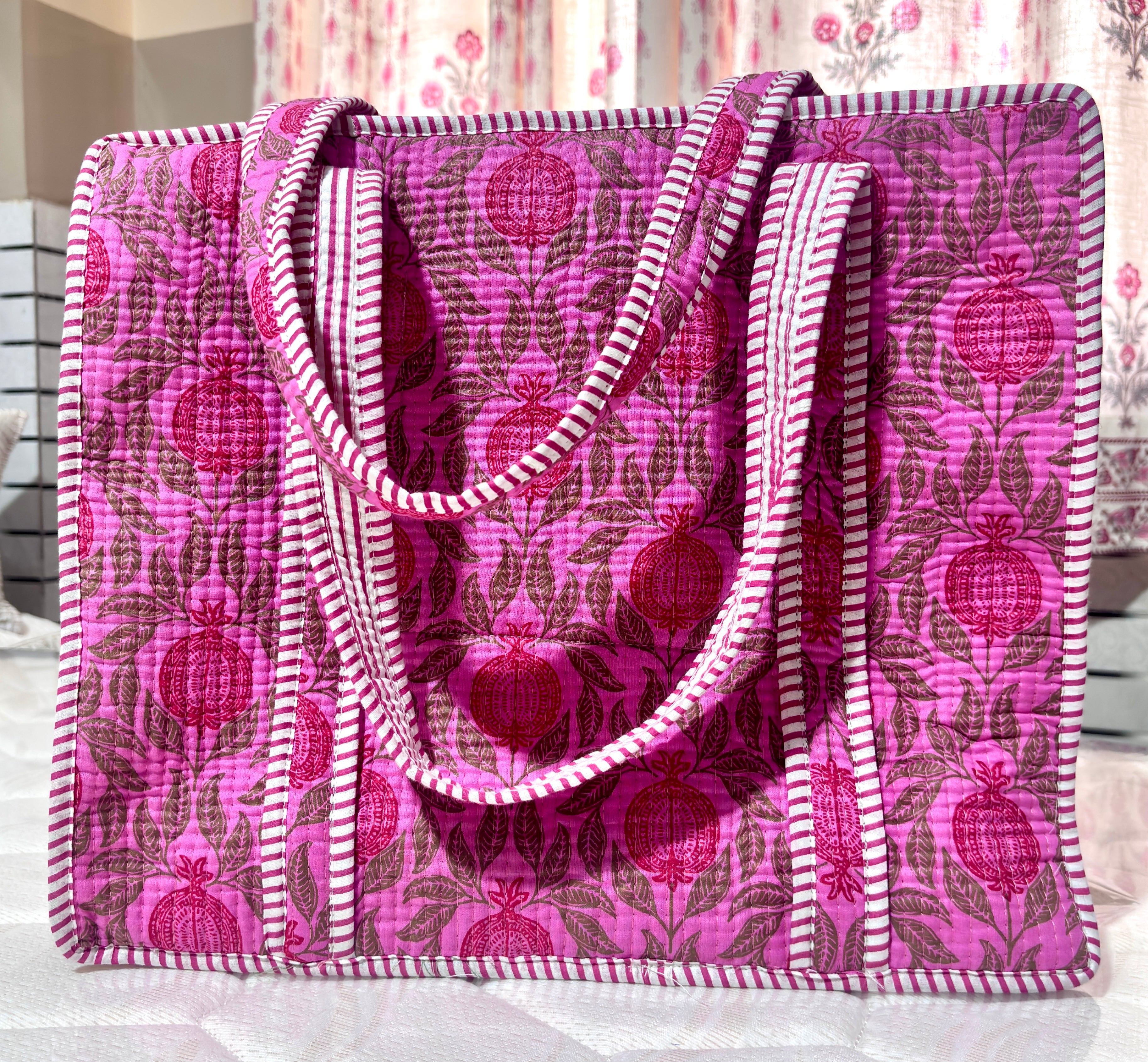 Pink Floral Quilted Cotton Tote Bag for Women | Handmade Shoulder Bag | Large Reusable Shopping, Travel & Everyday Carry Bag