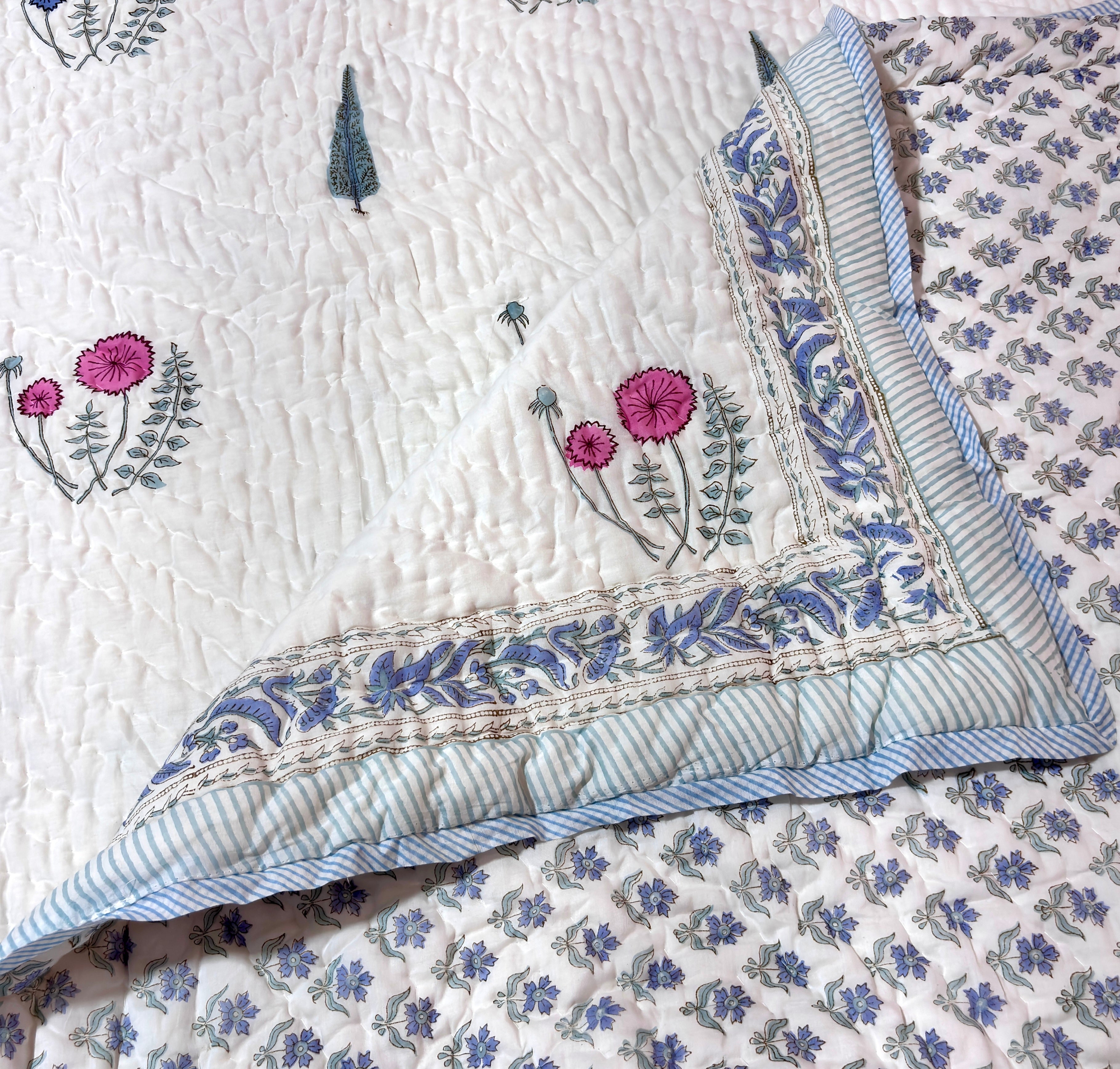 White Pink Floral Cotton Quilt | Reversible Hand Block Printed Quilt | Blue Floral Quilted Bedspread | Lightweight Summer Quilt