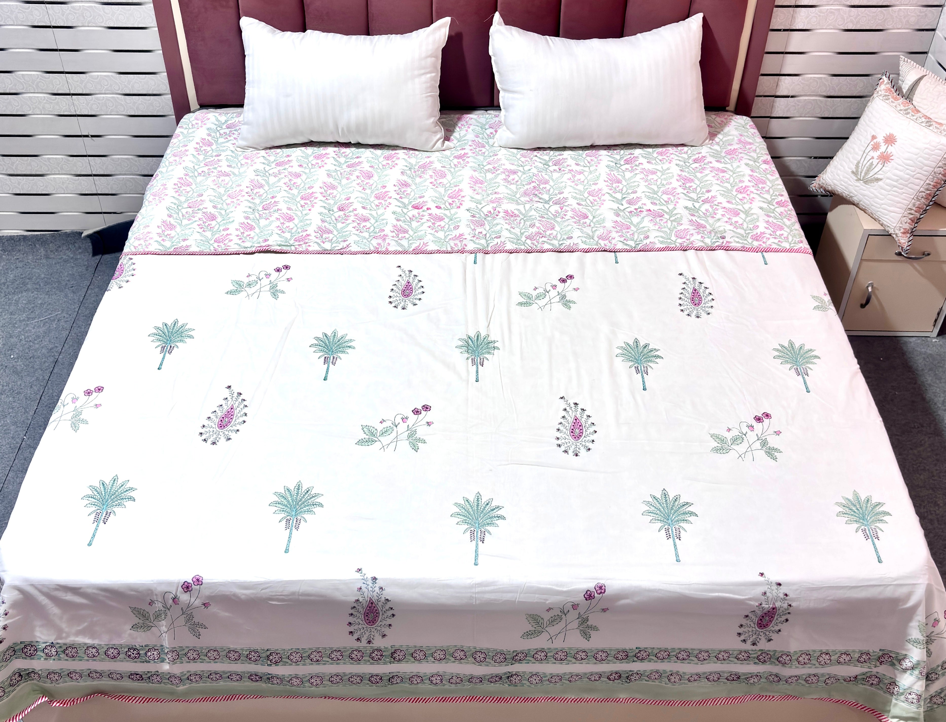 Hand Block Printed Cotton Dohar | Palm Tree Floral Jaipuri Dohar | Soft Reversible Summer AC Blanket | Handmade Cotton Bedding