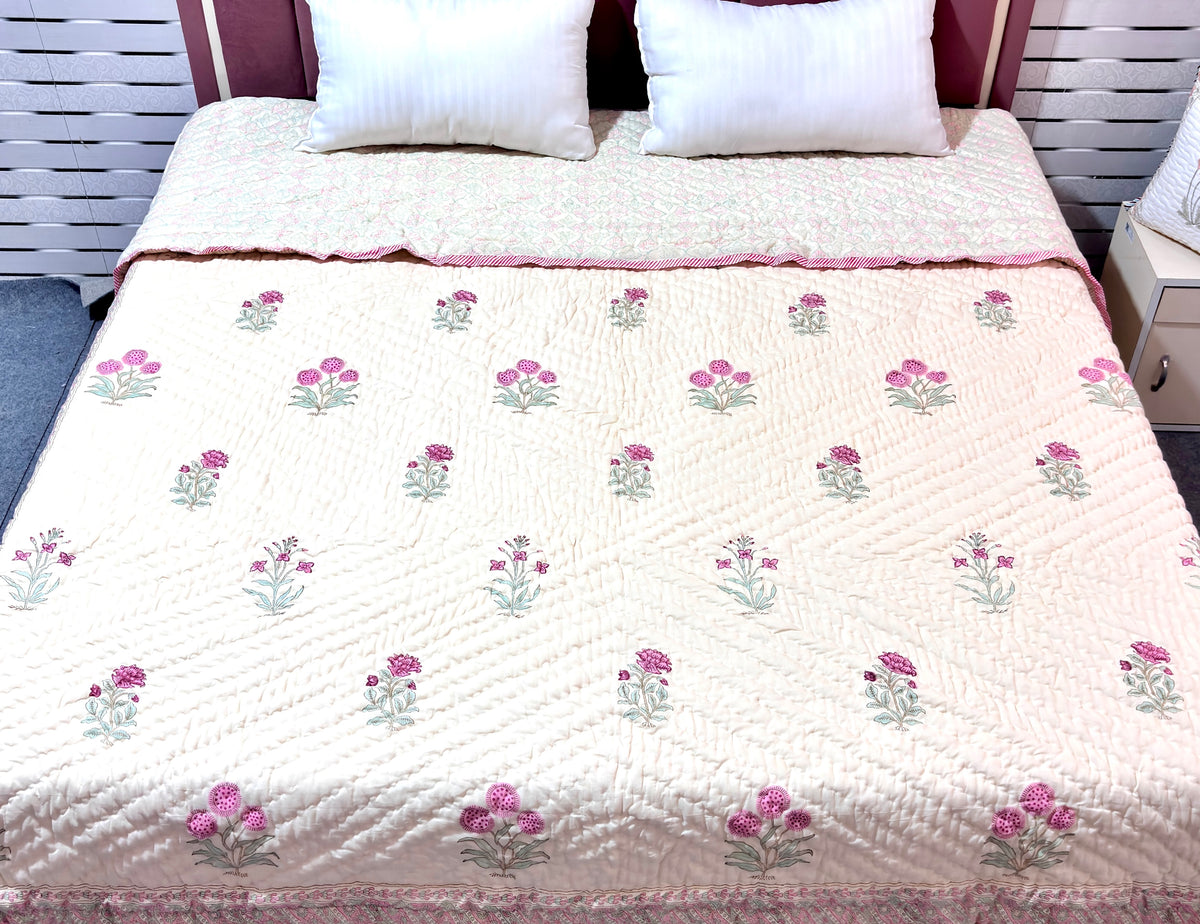 Cream Pink Floral Cotton Quilt Queen Size | Printed Botanical Quilted Bedspread with Decorative Border | Soft Indian Cotton Bed Cover