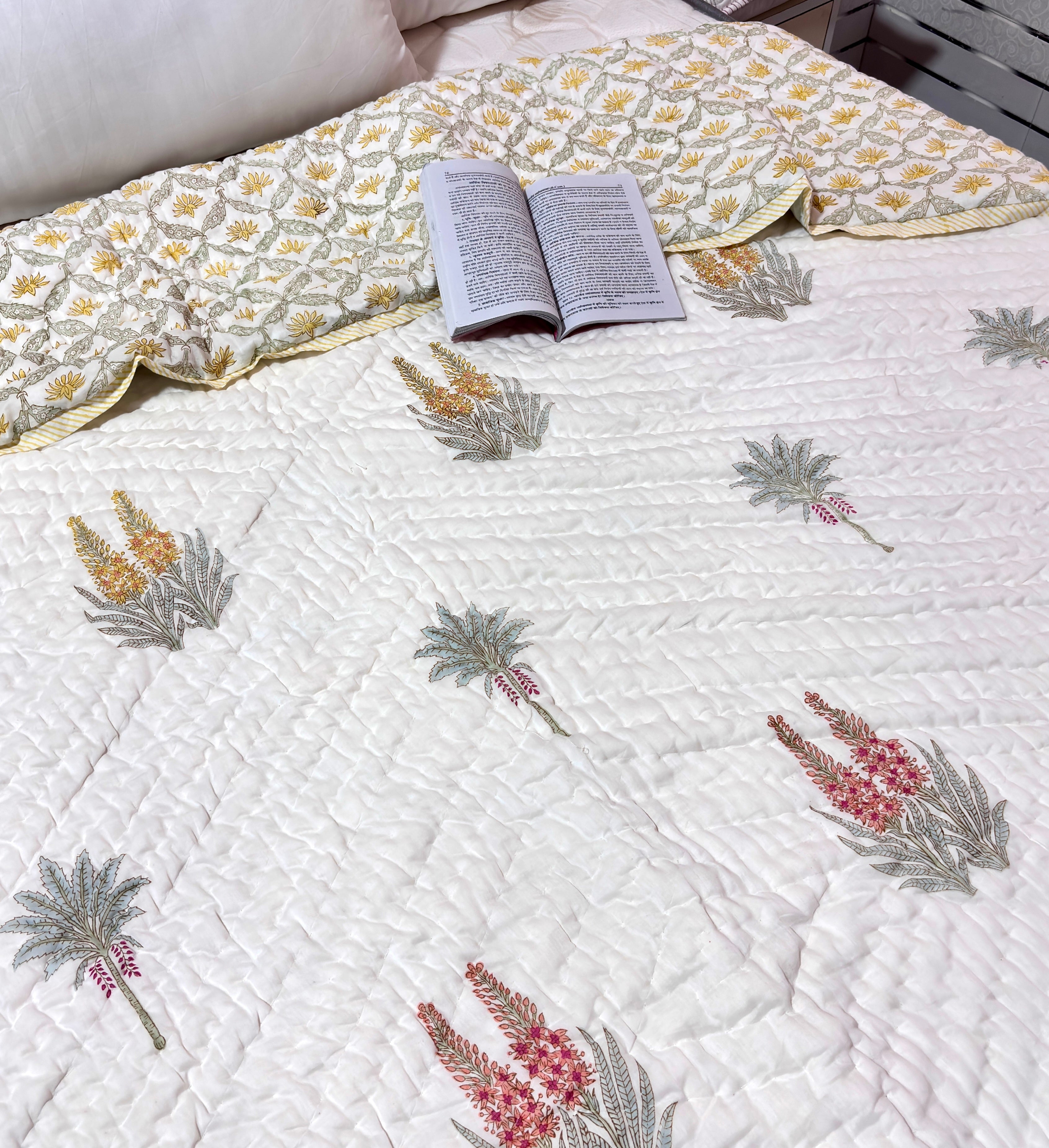 White Hand Block Printed Cotton Quilt | Botanical Floral Jaipuri Quilt | Soft Reversible All Season Bedspreads