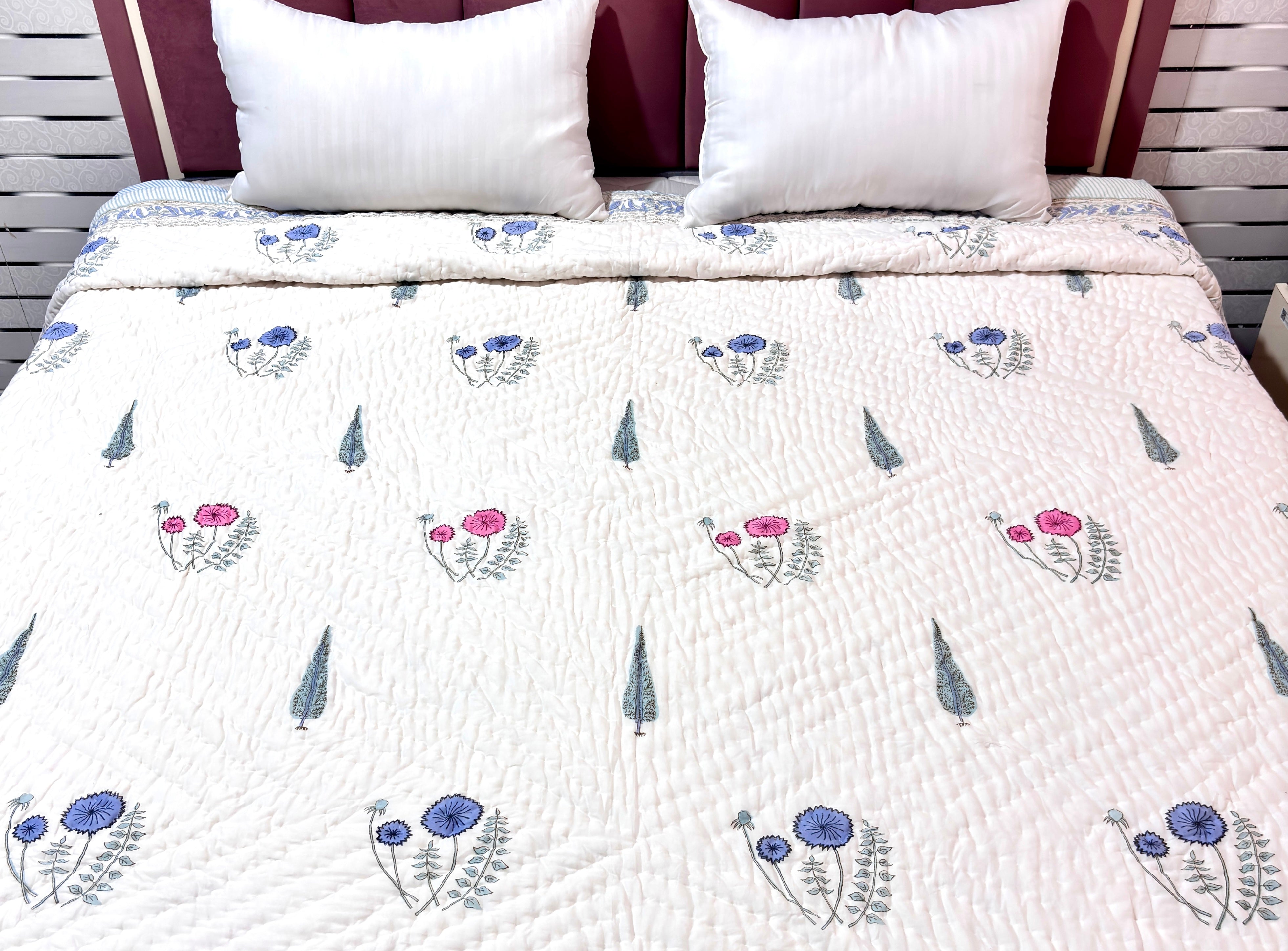 White Pink Floral Cotton Quilt | Reversible Hand Block Printed Quilt | Blue Floral Quilted Bedspread | Lightweight Summer Quilt