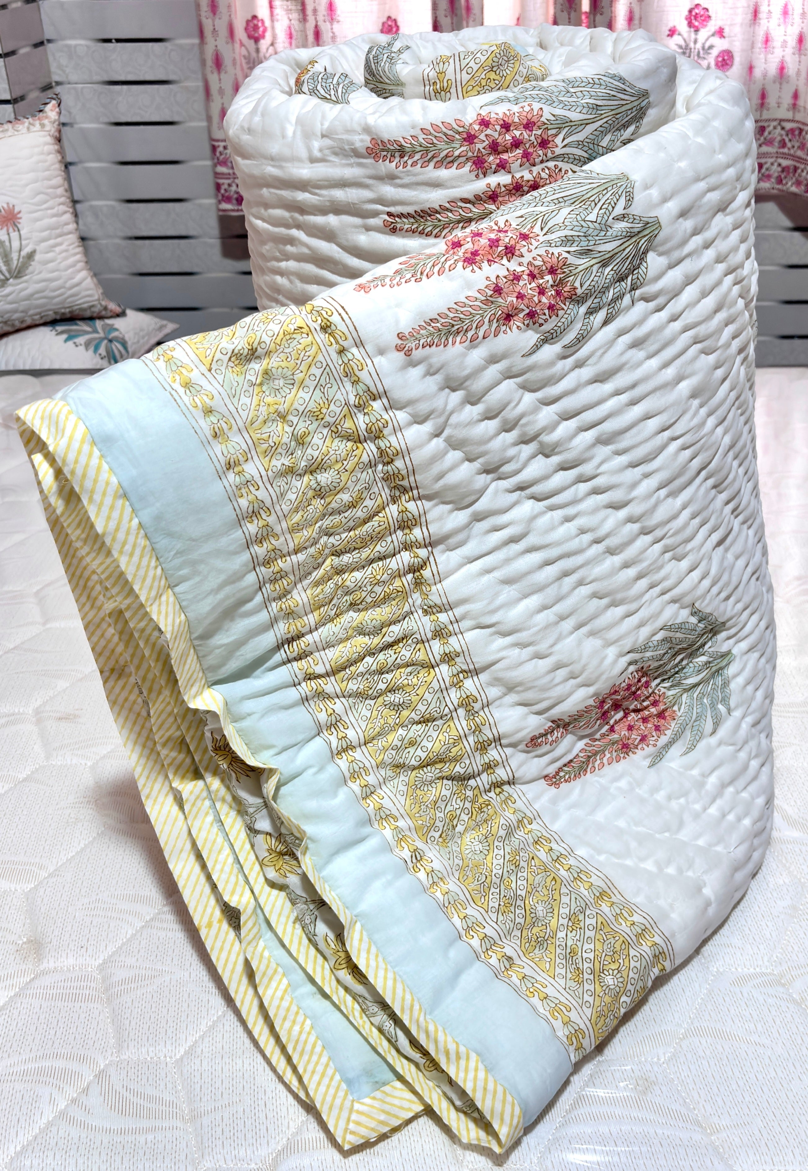 White Hand Block Printed Cotton Quilt | Botanical Floral Jaipuri Quilt | Soft Reversible All Season Bedspreads