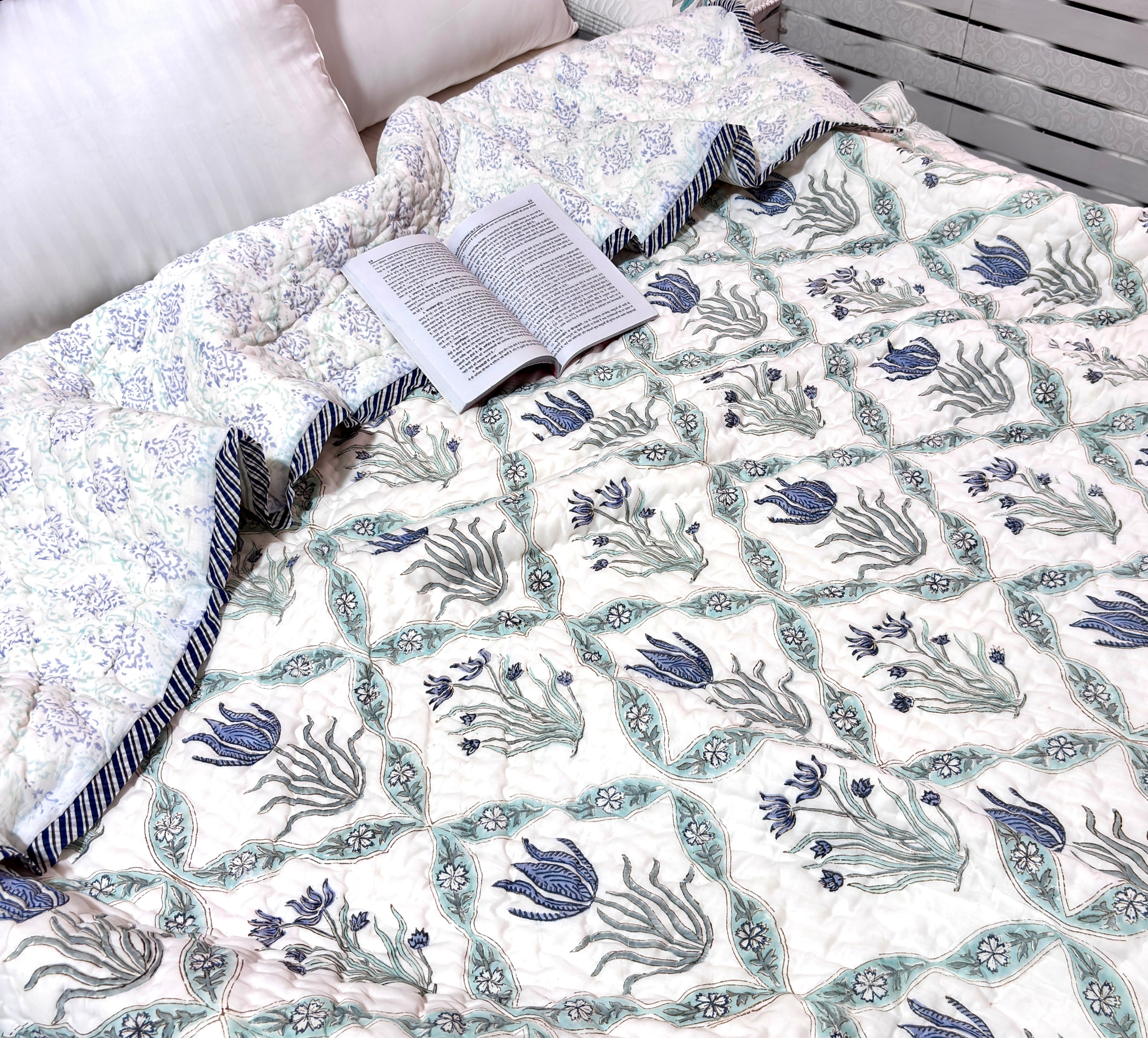 Blue Floral Hand Block Printed Cotton Quilt | Reversible Jaipuri Quilt | Soft Lightweight Bedspread for All Seasons