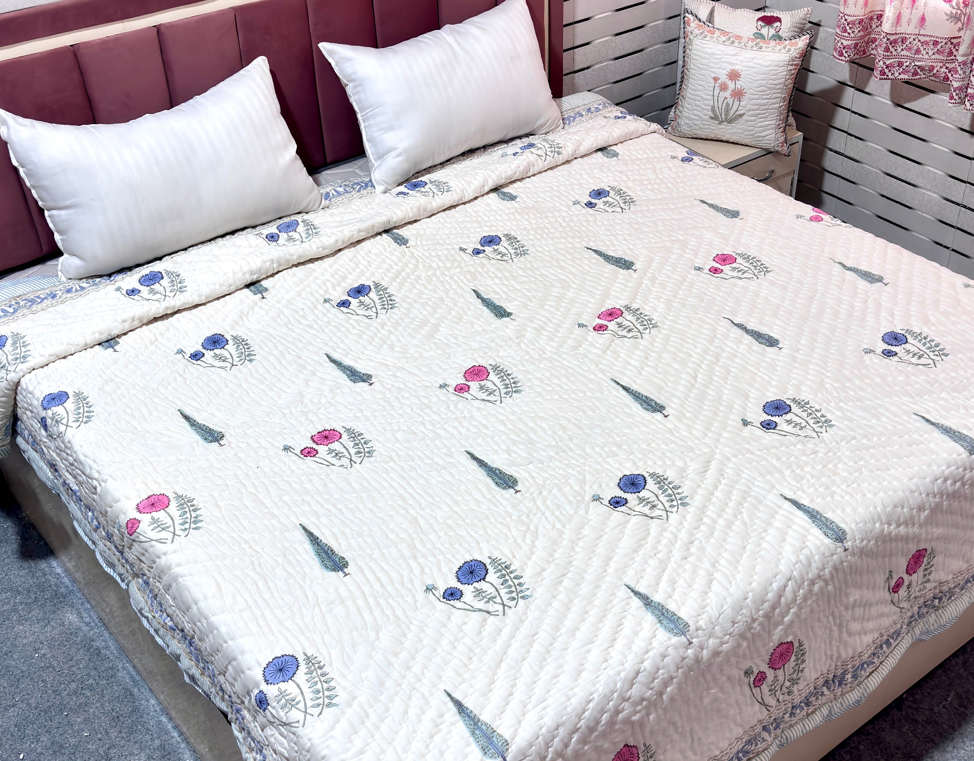 White Pink Floral Cotton Quilt | Reversible Hand Block Printed Quilt | Blue Floral Quilted Bedspread | Lightweight Summer Quilt