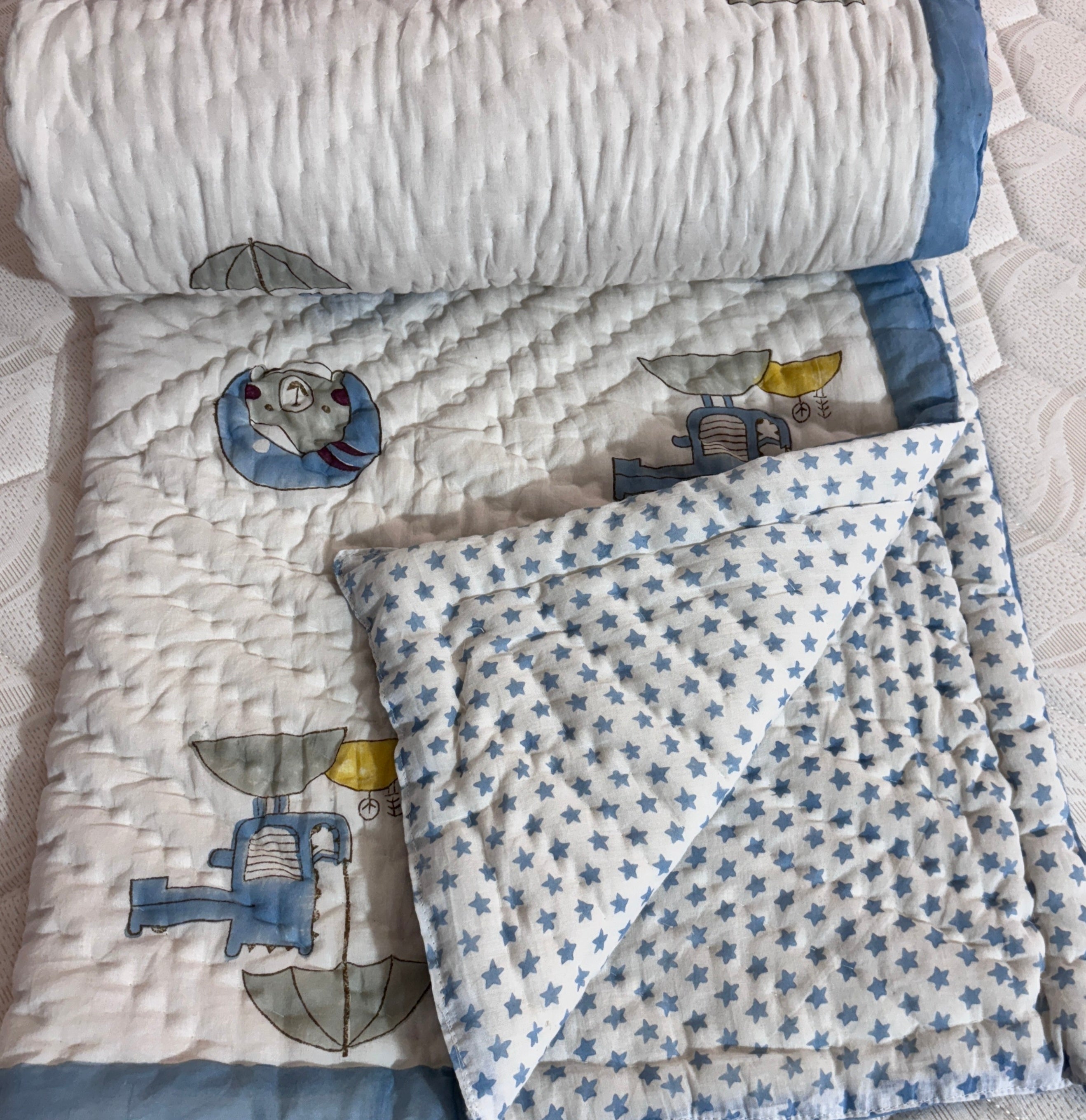 Hand Block Printed Baby Quilt | Airplane Cotton Baby Quilt | Handmade Reversible Baby Blanket | Soft Nursery Quilt