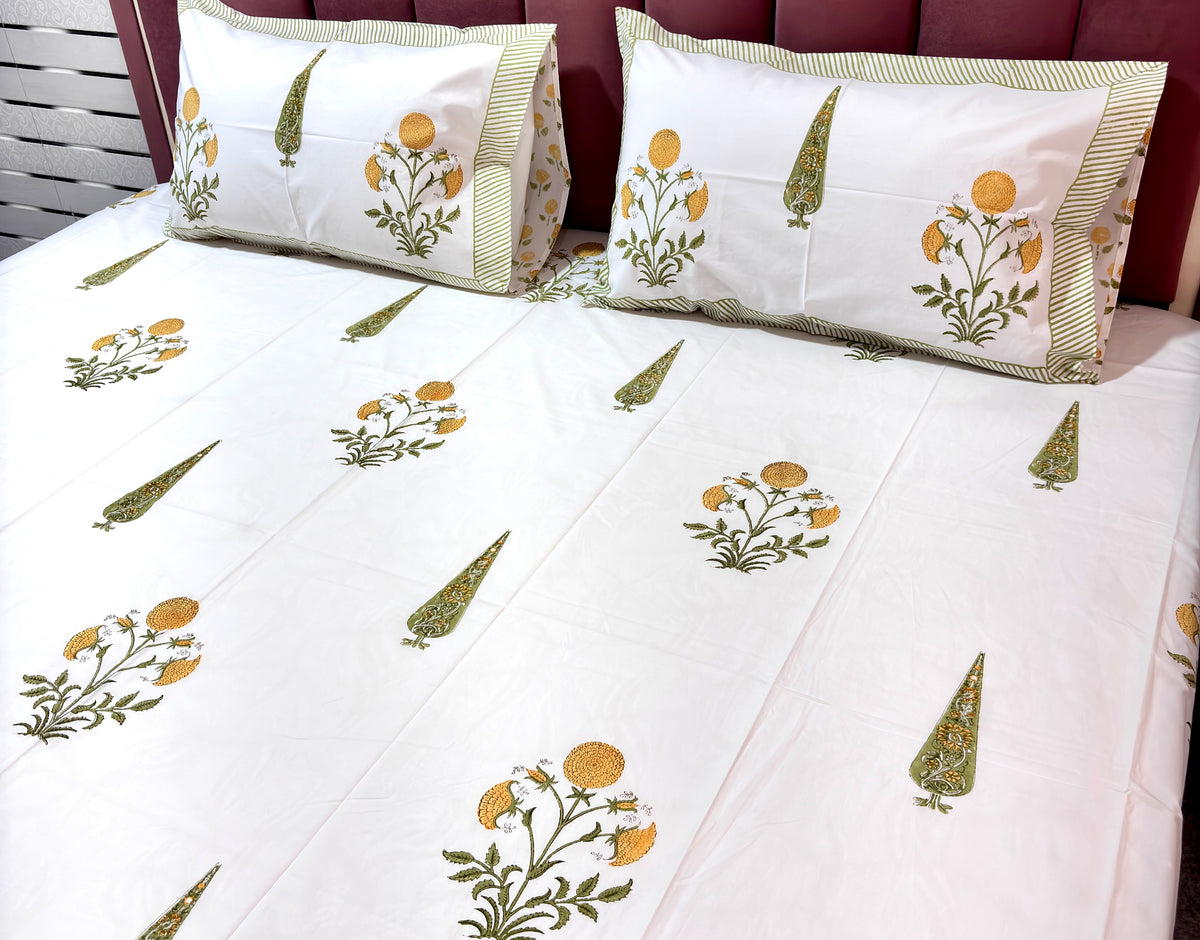 Hand Block Print Cotton Bedsheet Set, White Floral Bedding, Indian Block Printed Sheet with Matching Pillow Covers, Boho Home Decor