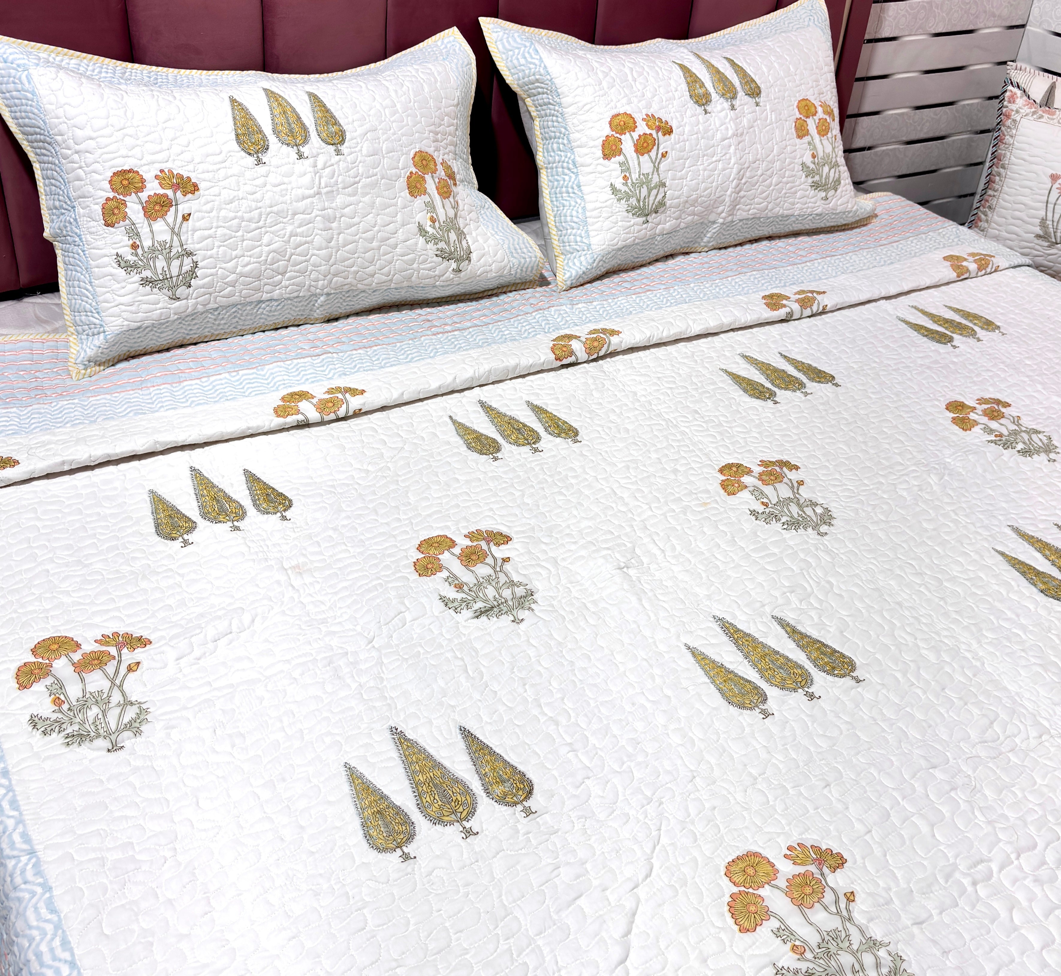 Floral Cotton Bedcover | Hand Block Printed Quilted Bedspread | Handmade Cotton Bed Cover | Floral Bedding