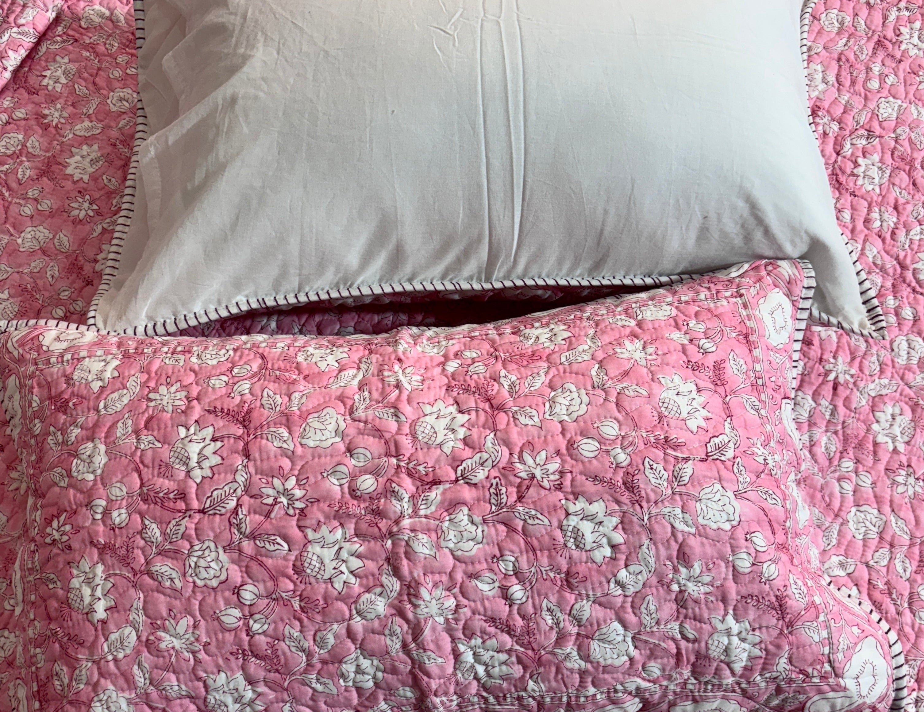 Pink Hand Block Print Cotton Bedcover Set | Floral Jaipuri Bedspread with Pillow Covers | Queen Size Bedding