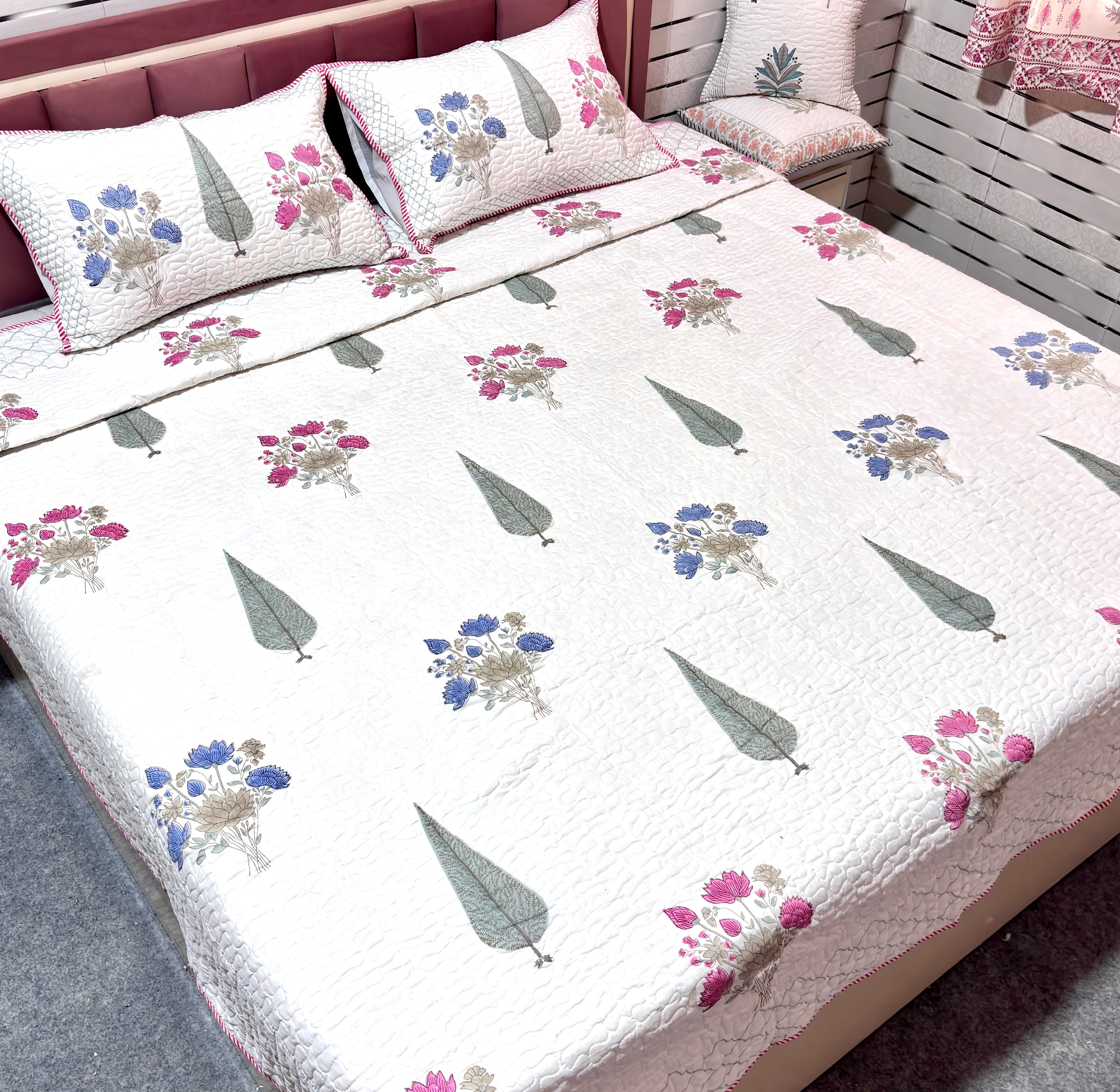 Premium Floral Quilted Bedcover Set with Pillow Covers – Soft Cotton Double Bedspread for Home Decor