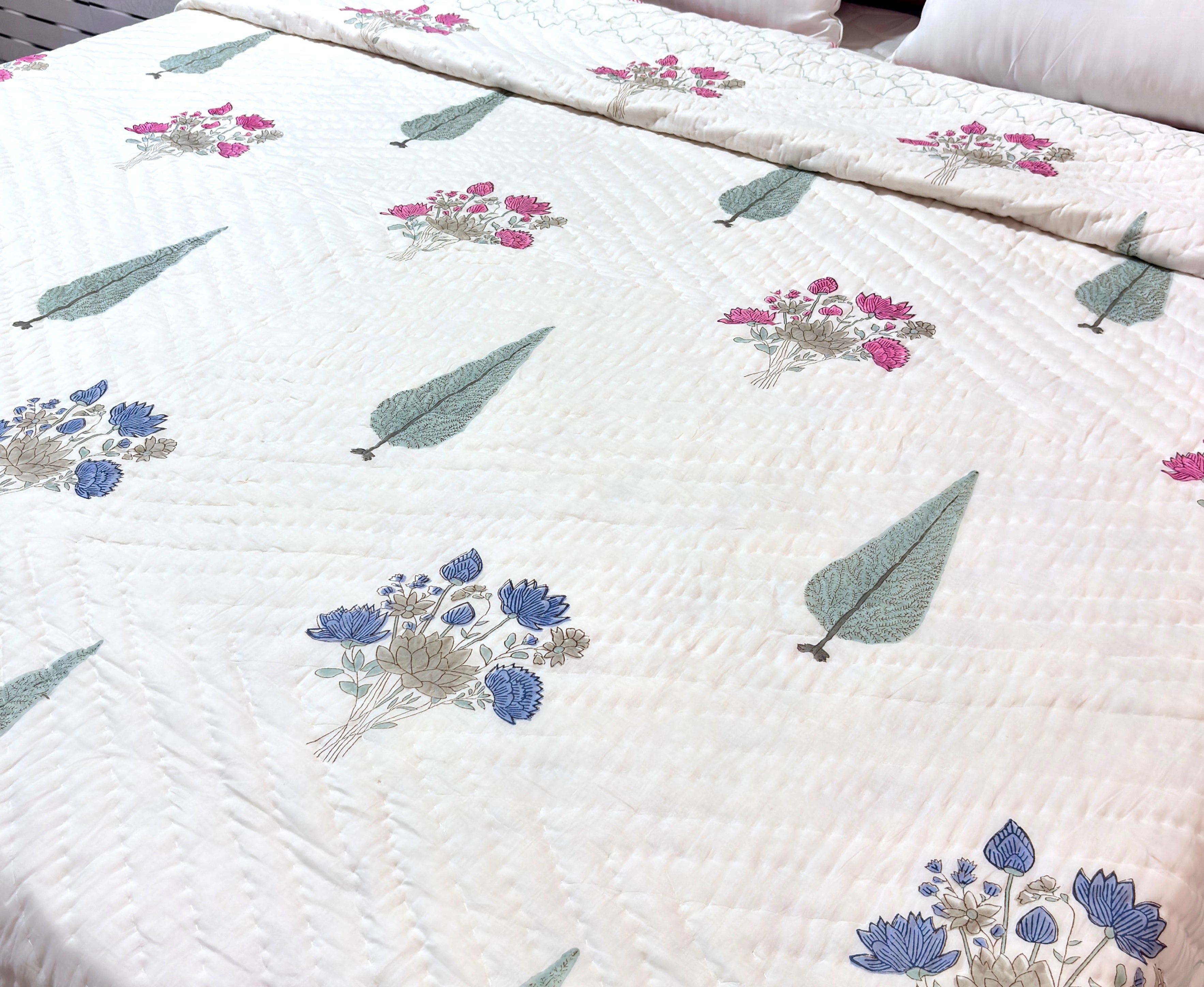 Hand Block Printed Cotton Quilt | Pink Floral Reversible Bedspread | Handmade Indian Quilt | Lightweight Queen & King Size Bedding | All Season Quilt