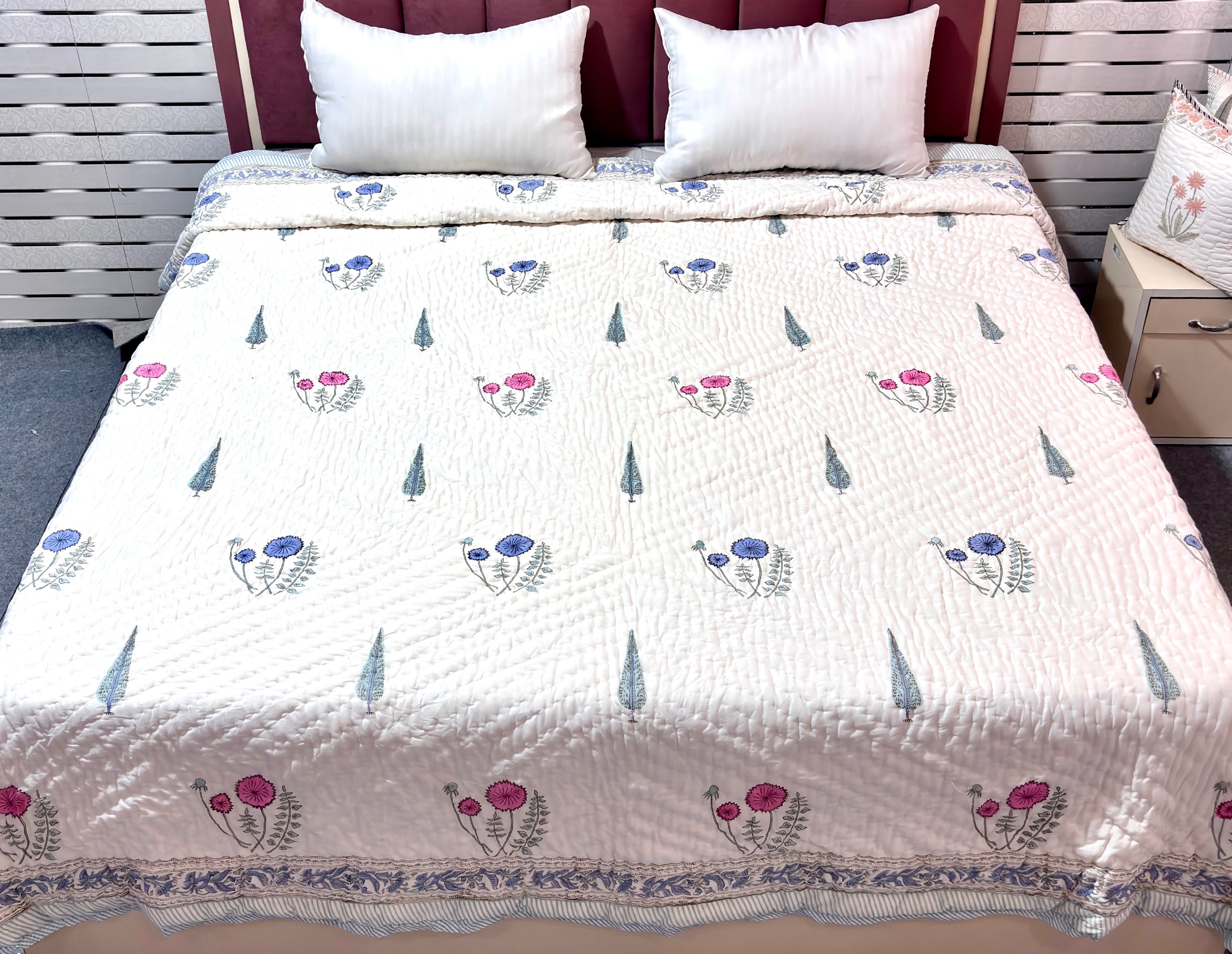 White Pink Floral Cotton Quilt | Reversible Hand Block Printed Quilt | Blue Floral Quilted Bedspread | Lightweight Summer Quilt