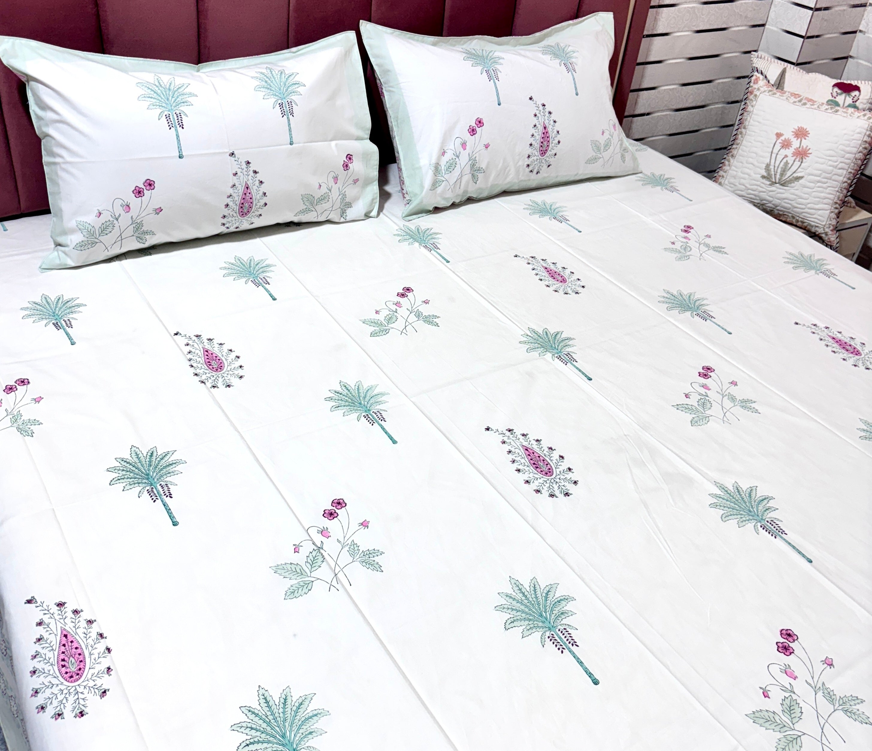 Hand Block Printed Cotton Bedsheet | Palm Tree & Paisley Print Bedsheet with Pillow Covers | Handmade Jaipur Double Bedsheet