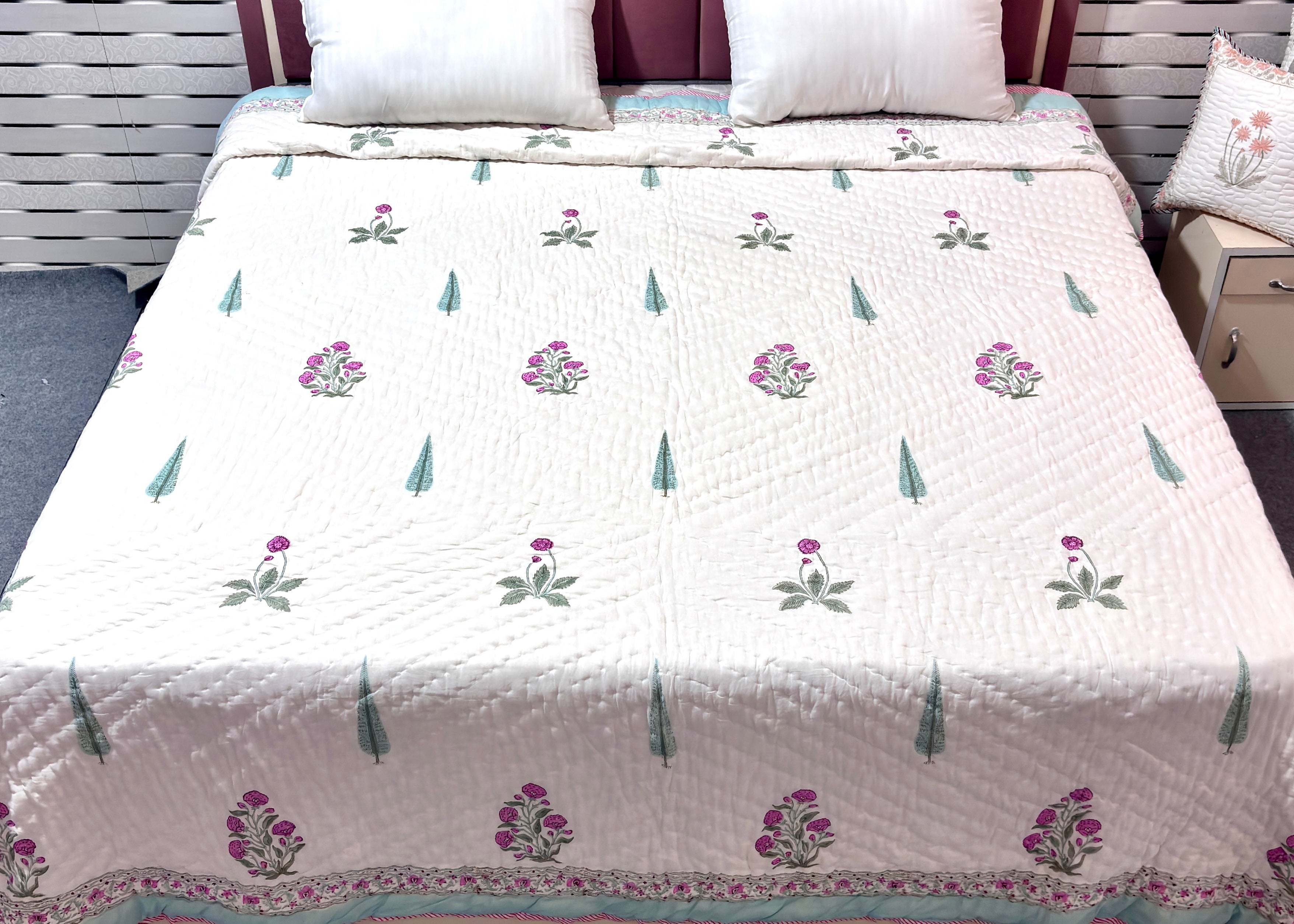 Floral Cotton Quilt | Quilted Bedspread | Hand Block Printed Handmade Quilt | Soft Lightweight Summer Beddin