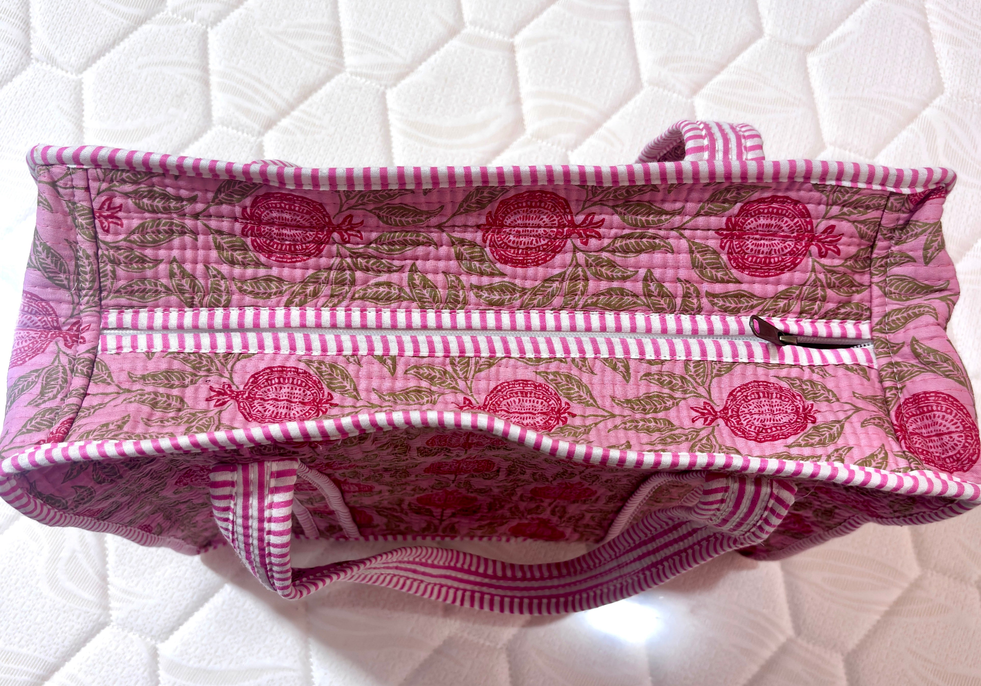 Pink Hand Block Print Quilted Cotton Tote Bag, Handmade Floral Shoulder Bag, Indian Cotton Shopping Tote, Reusable Beach Bag, Gift for Her