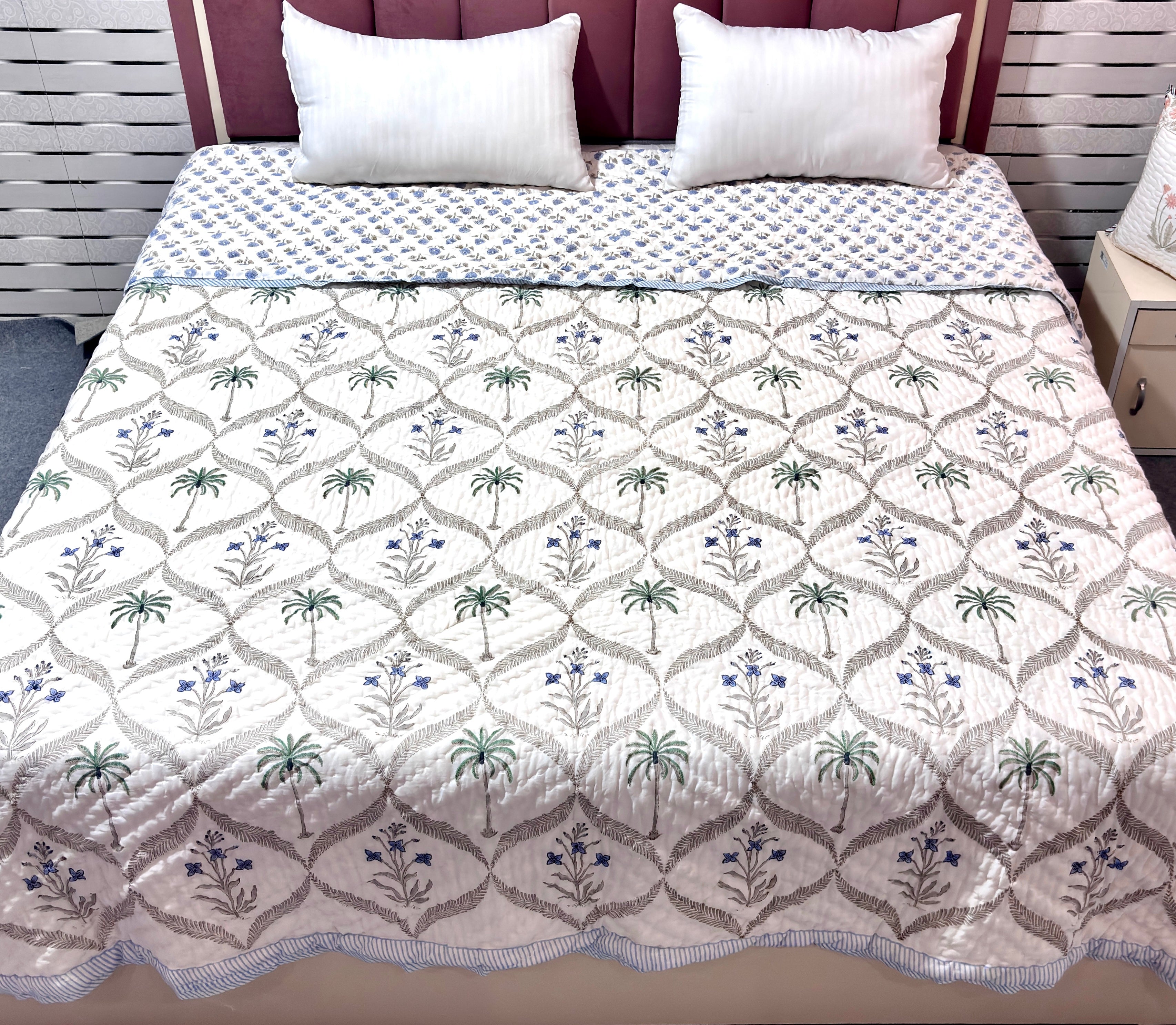 Blue Floral Cotton Quilt | Reversible Hand Block Printed Quilt | Palm Tree & Floral Quilted Bedspread | Lightweight Summer Bedding