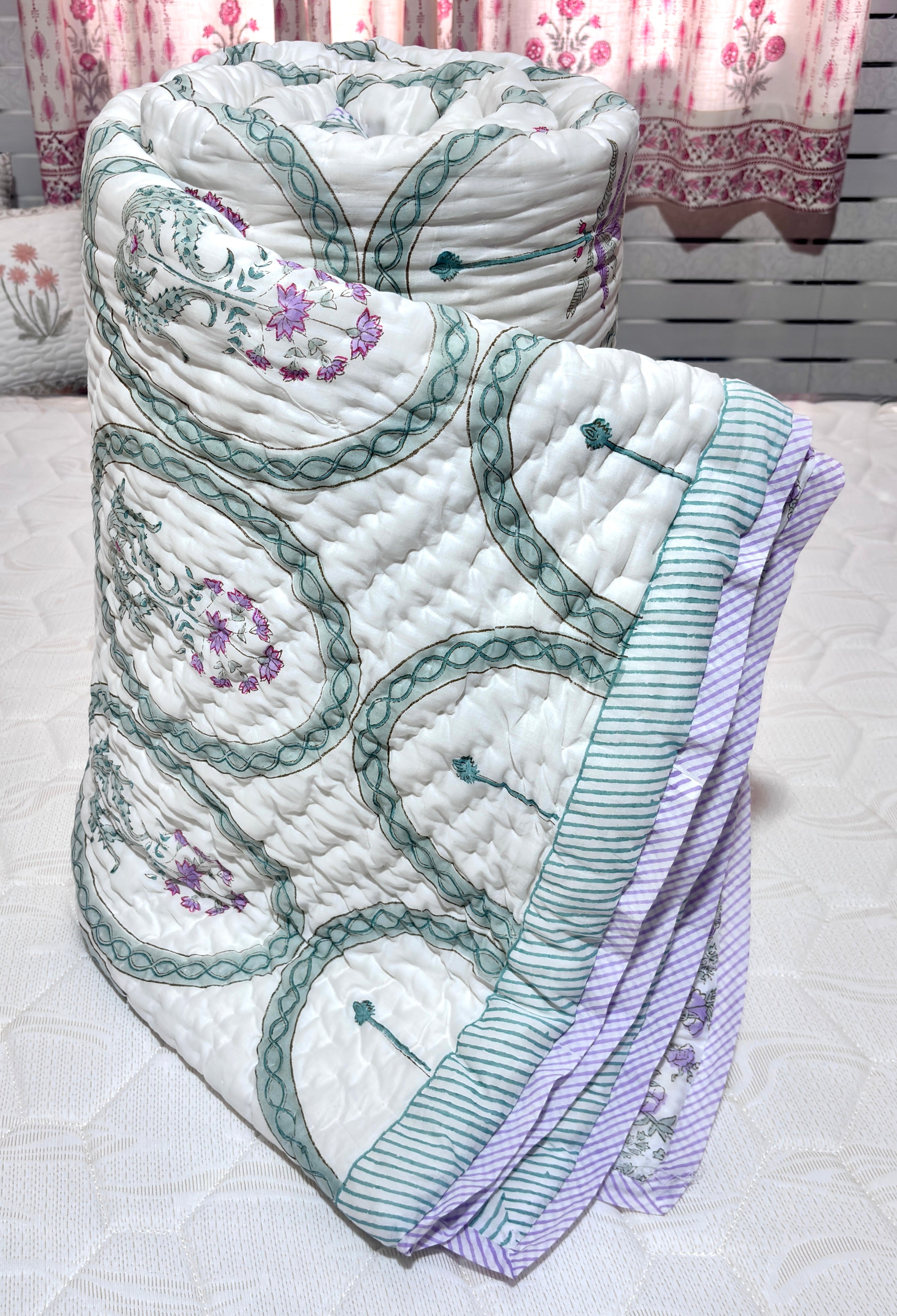 Hand Block Printed Cotton Quilt | Green Floral Medallion Reversible Bedspread | Handmade Indian Quilt | Lightweight Queen & King Size Bedding