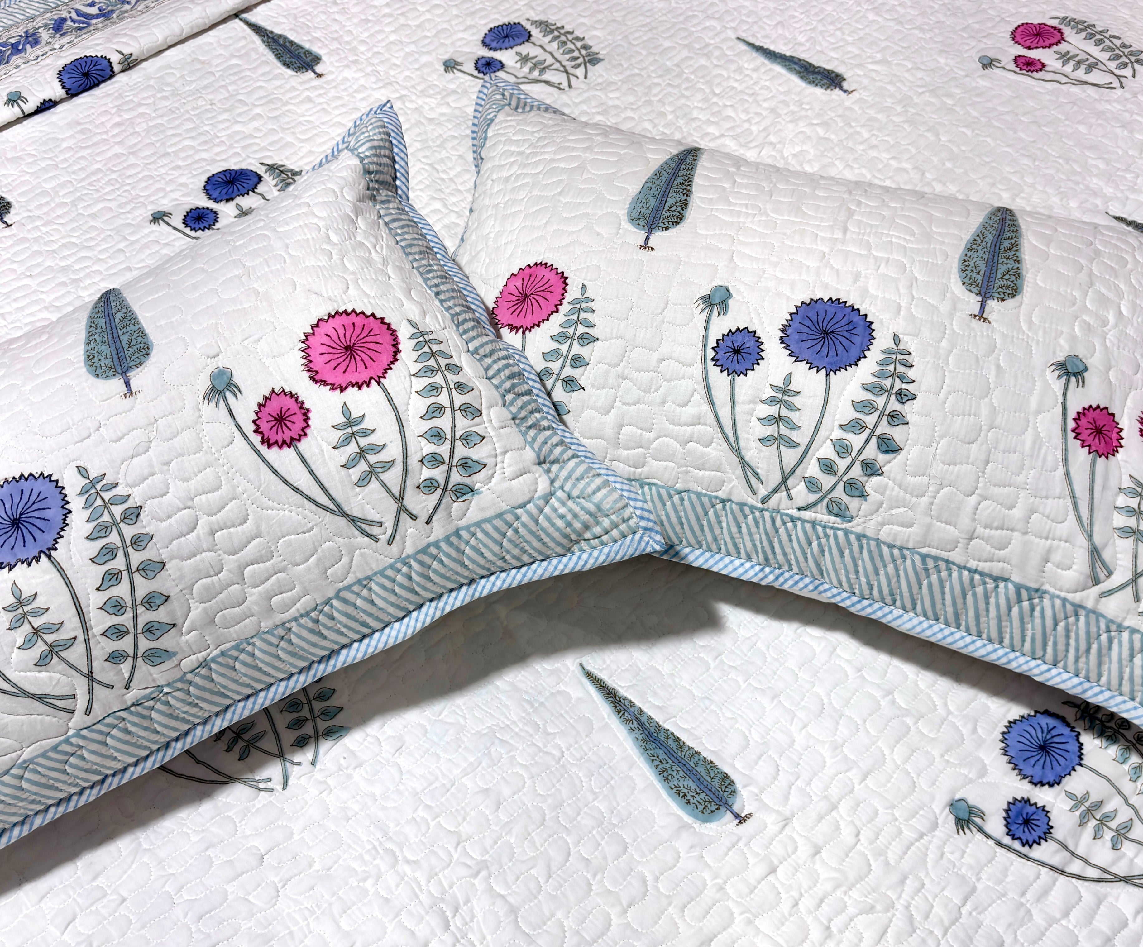 White Blue Pink Floral Bedcover | Quilted Cotton Bedspread | Hand Block Printed Handmade Bed Cover | Soft Indian Home Bedding