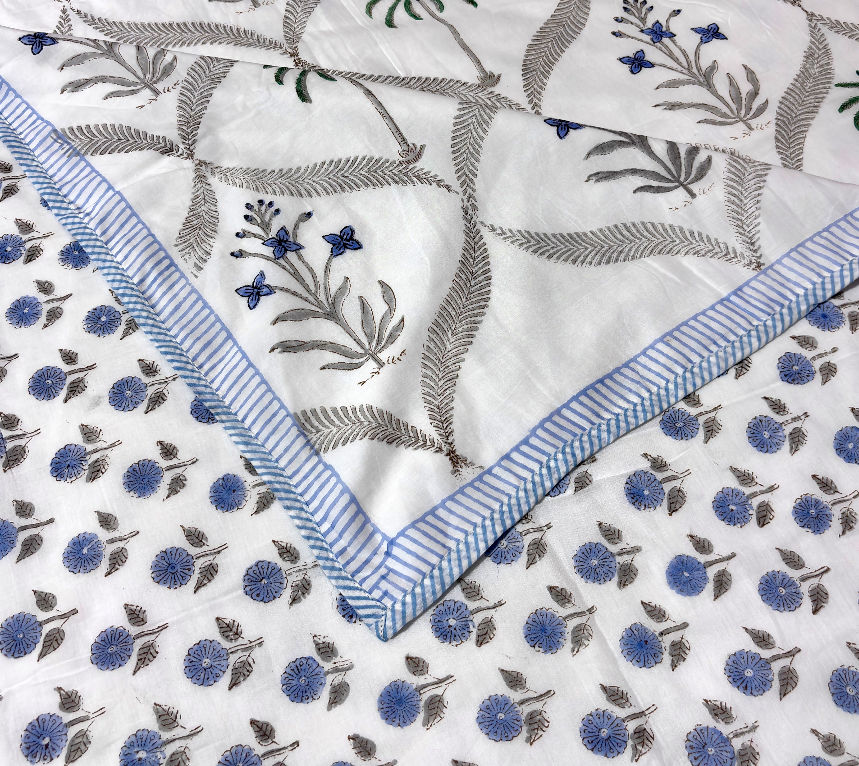 White Blue Floral Cotton Dohar | Hand Block Printed Jaipuri Dohar | Soft Lightweight Summer AC Blanket | Handmade Cotton Bedding