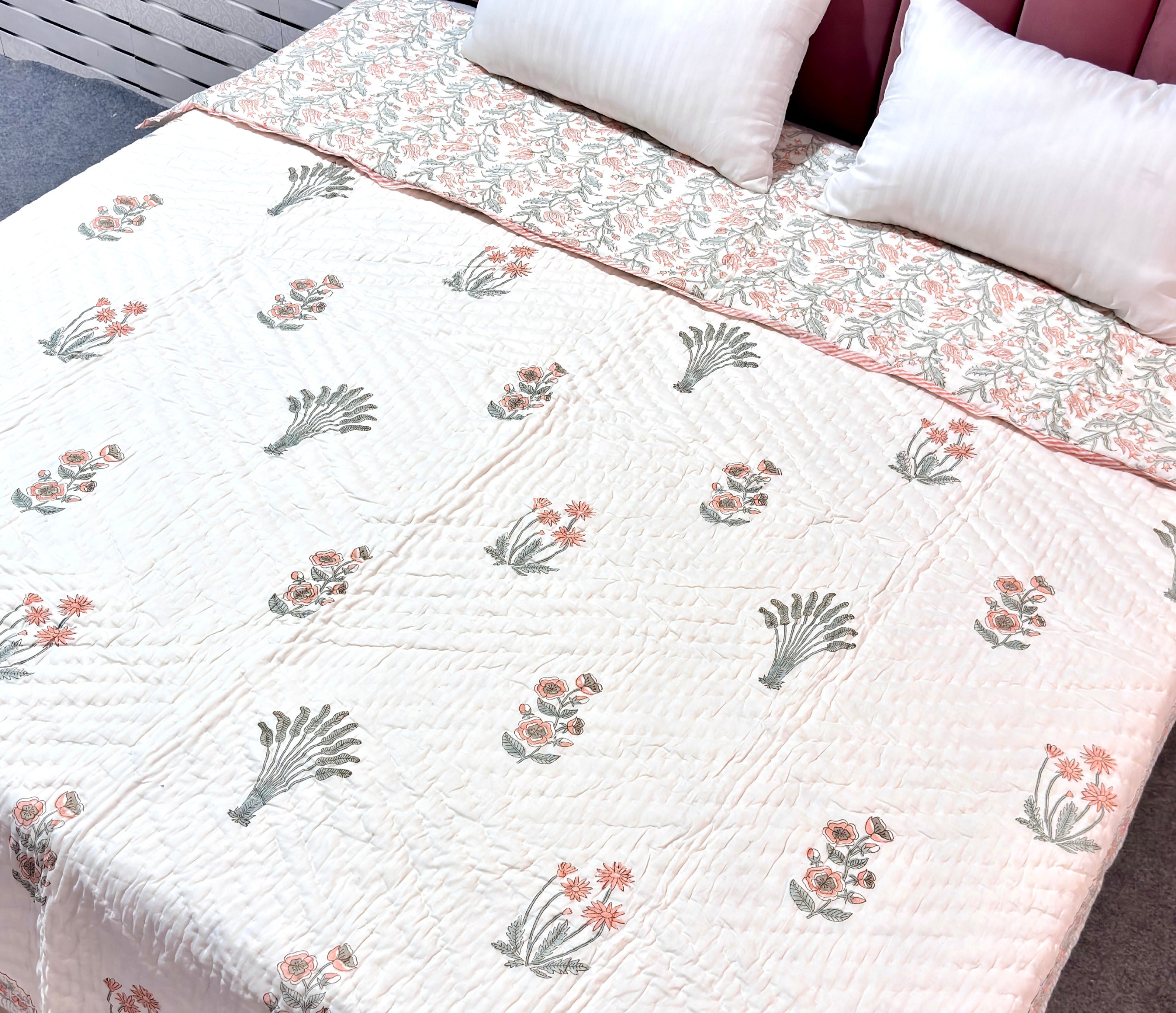 Floral Hand Block Printed Cotton Quilt | White Peach Flower Bed Quilt | Handmade Indian Cotton Bedspread
