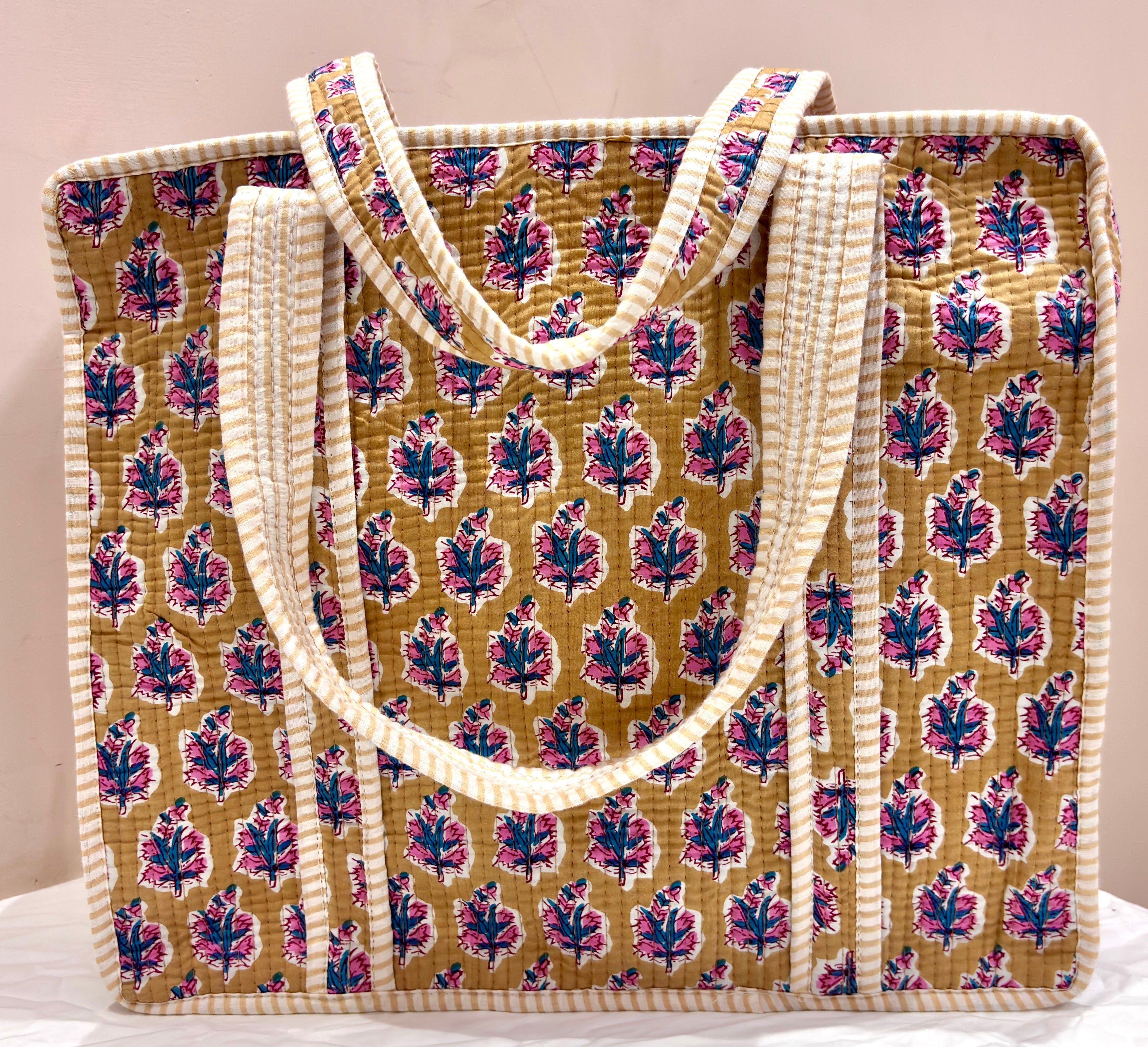 Mustard Floral Print Tote Bag Set | Purple Blue Flower Cotton Bags | Hand Block Printed Reusable Shopping Bags