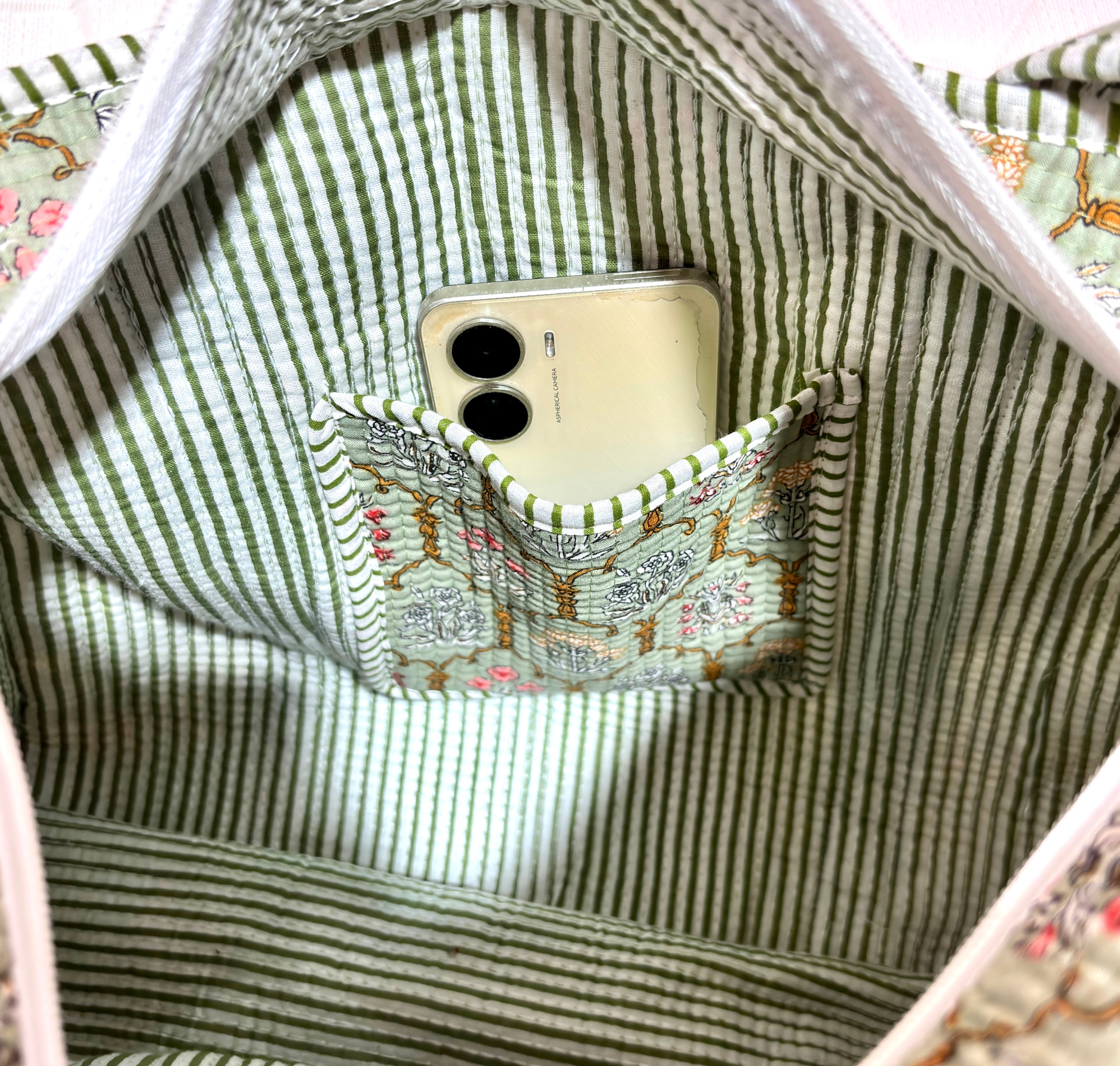 # Green Floral Print Tote Bag | Green Cotton Hand Block Printed Reusable Shopping Bag | Handmade Fabric Tote Bag