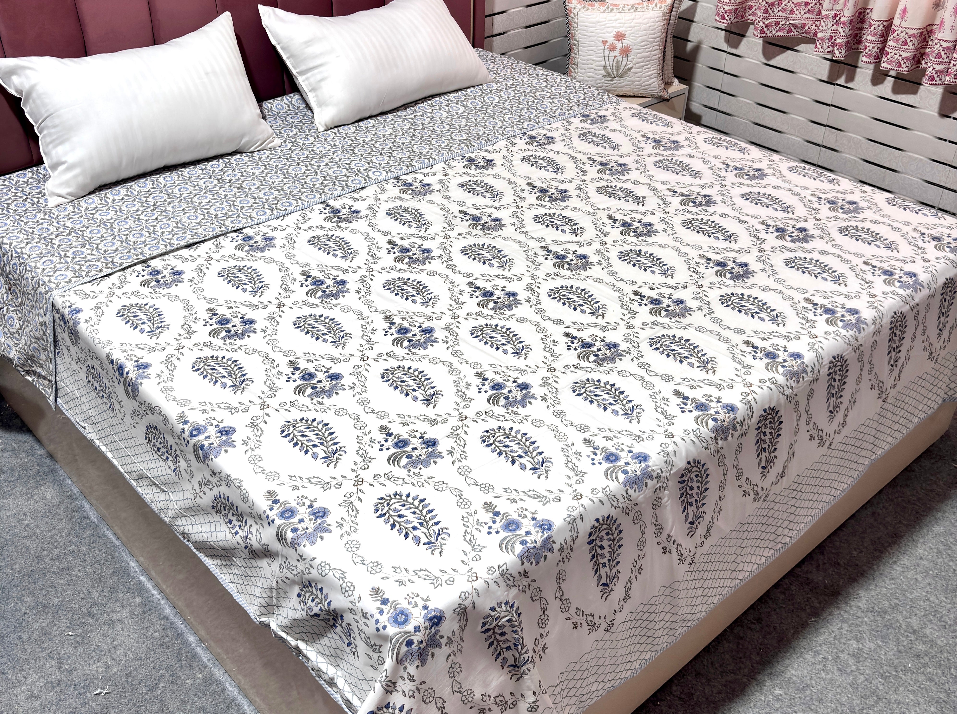 Hand Block Printed Cotton Dohar | Reversible Soft Summer Dohar | Blue Floral Jaipuri Dohar | Lightweight AC Blanket | Handmade Cotton Bedding
