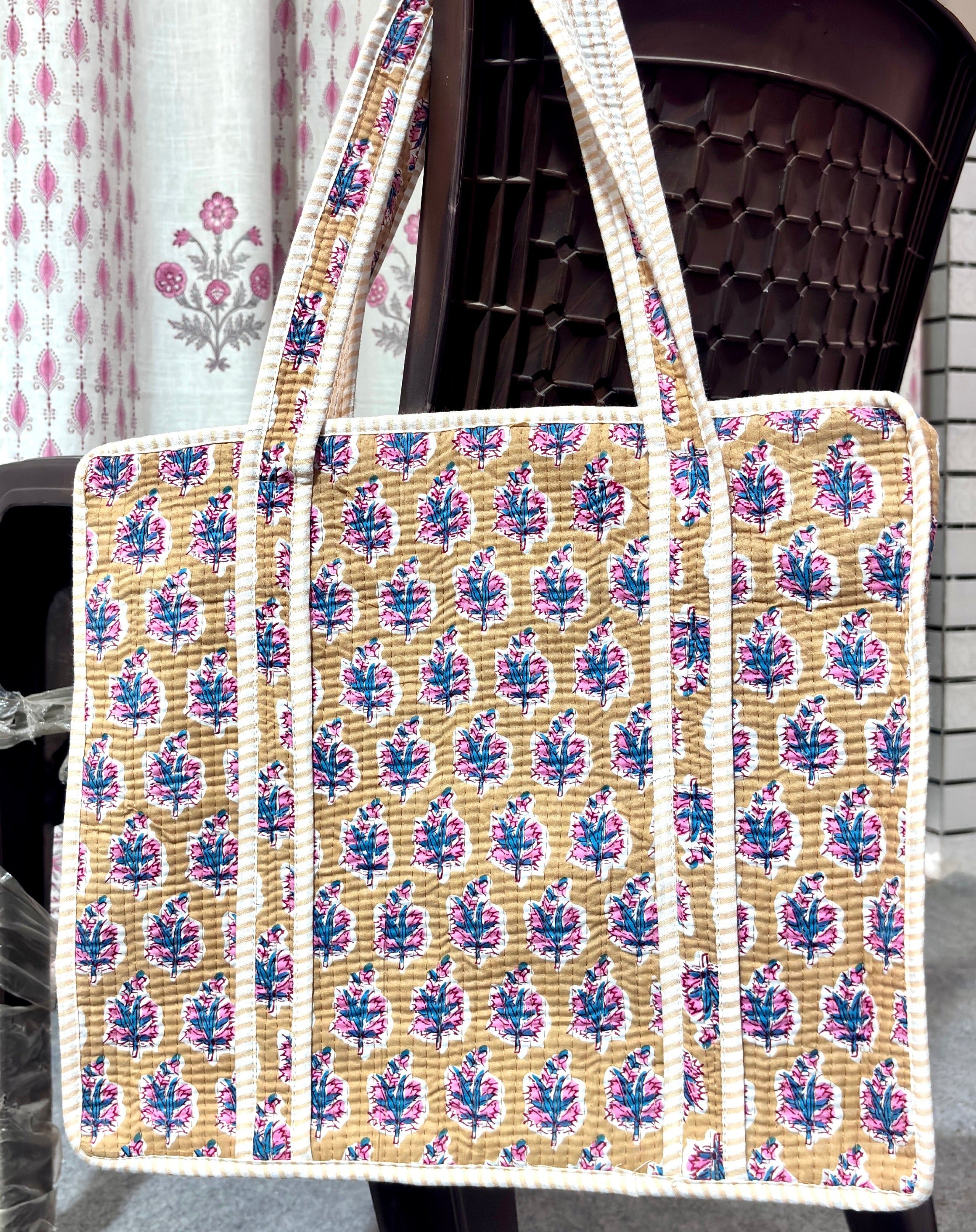 Blue Floral Quilted Cotton Tote Bag for Women | Handmade Block Print Shoulder Bag | Large Reusable Shopping, Office & Travel Tote