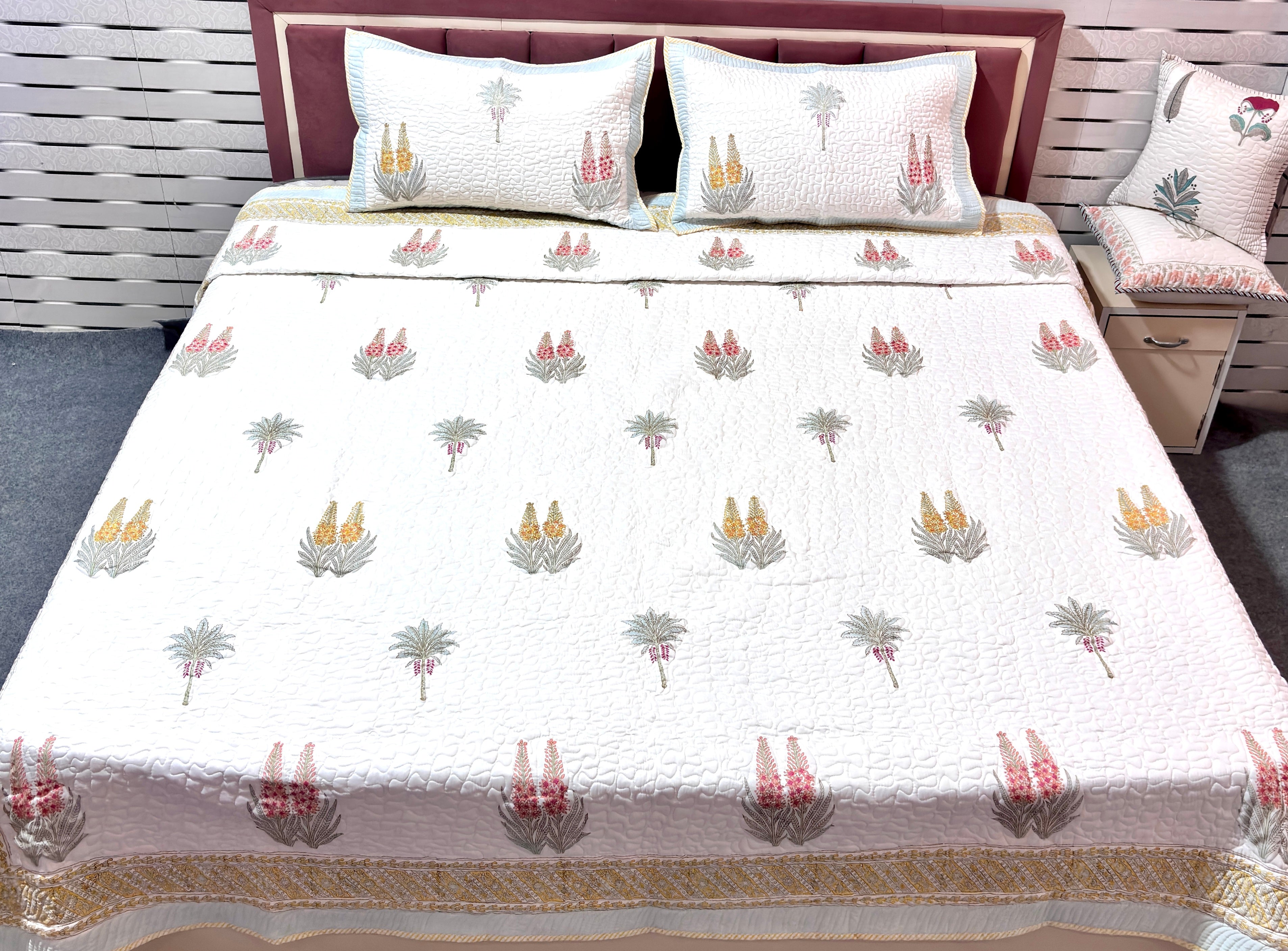 Hand Block Print Cotton Bedcover, Floral Quilted Bedspread, Handmade Indian Bedding, Lightweight Decorative Bed Cover