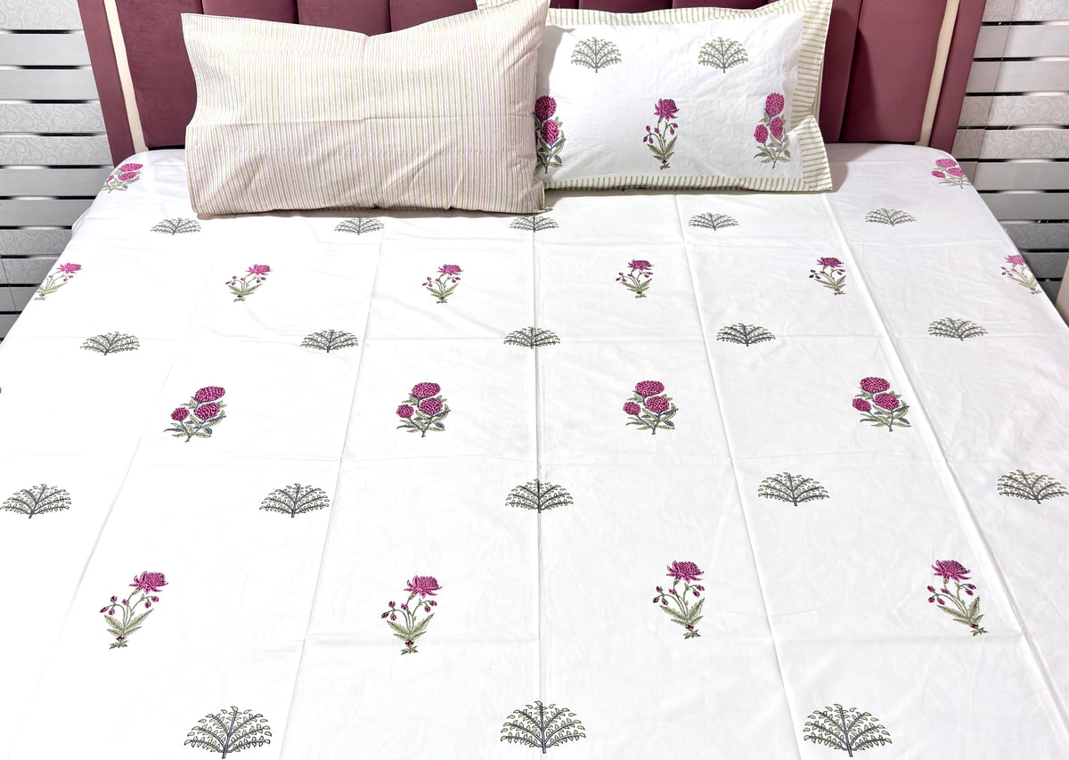 White Floral Cotton Bedsheet | Pink Flower & Green Botanical Printed Double Bed Sheet | Elegant Indian Floral Bedding | King Size