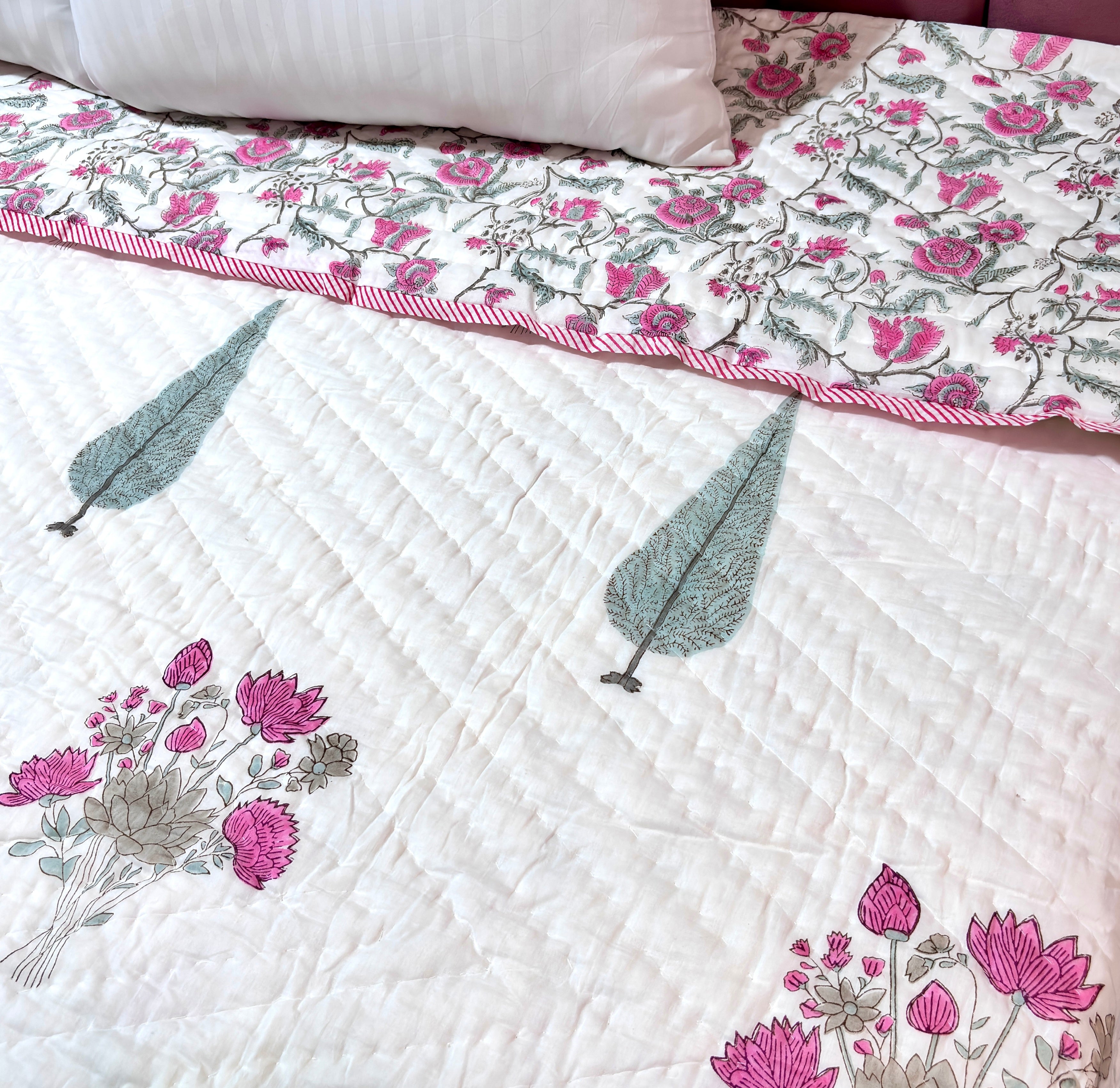 Pink Floral Cotton Quilt | Handmade Indian Block Print Bed Quilt | Soft Quilted Bedspread | Reversible Cotton Bedding