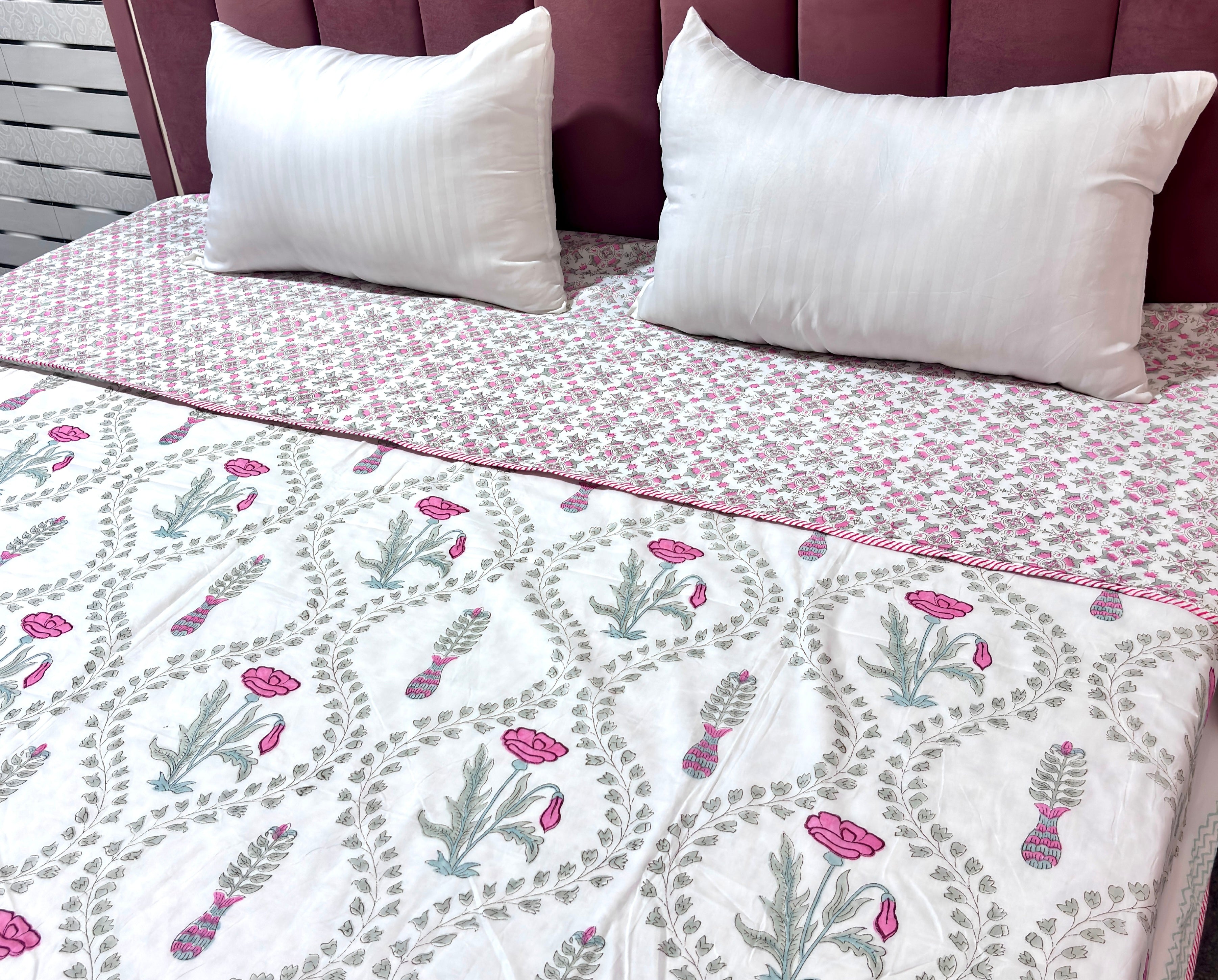 White Pink Green Floral Cotton Dohar | Paisley Printed Summer Dohar | Hand Block Printed Jaipuri Dohar | Soft Lightweight AC Blanket