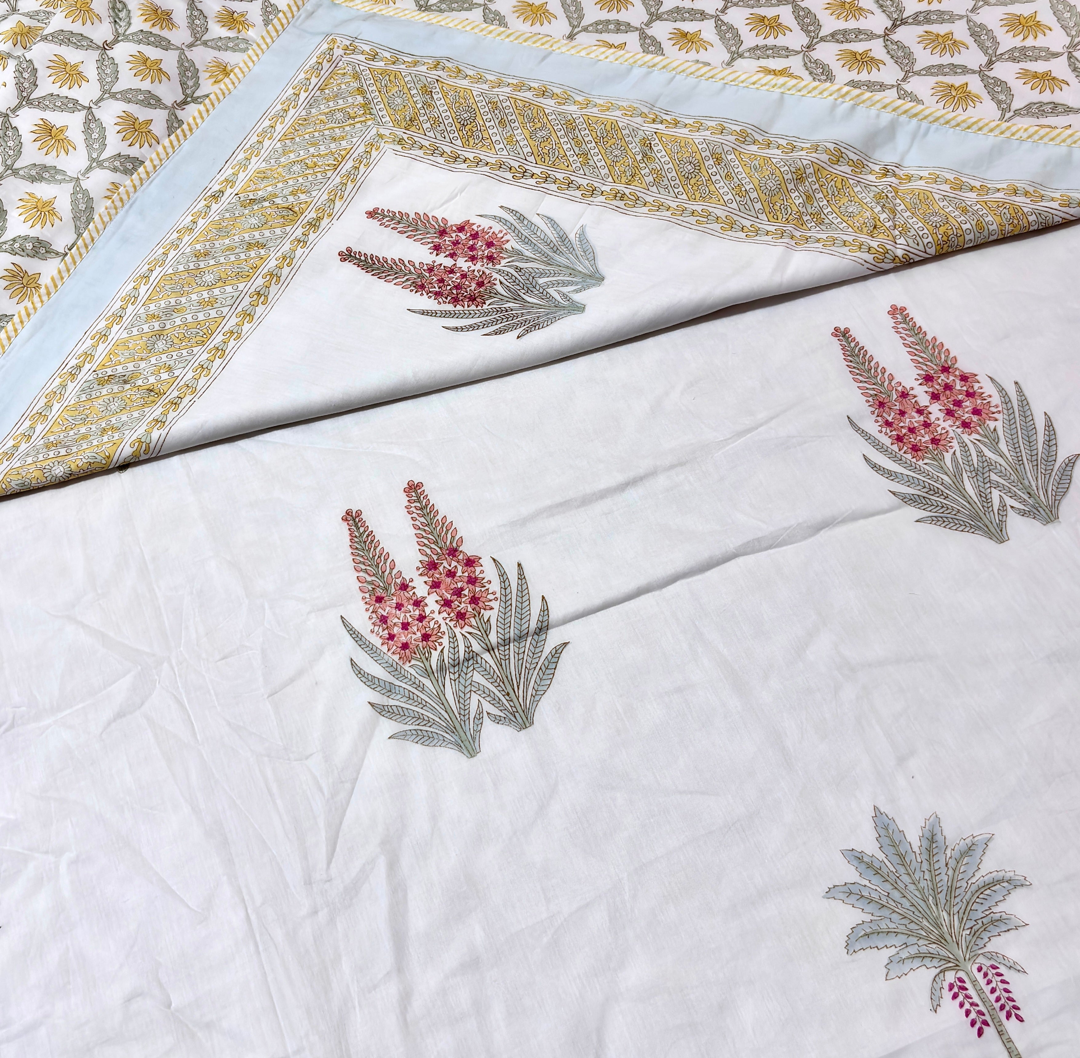 Floral Hand Block Print Cotton Dohar, Lightweight Summer Blanket, Reversible AC Blanket, Handmade Indian Cotton Bedding