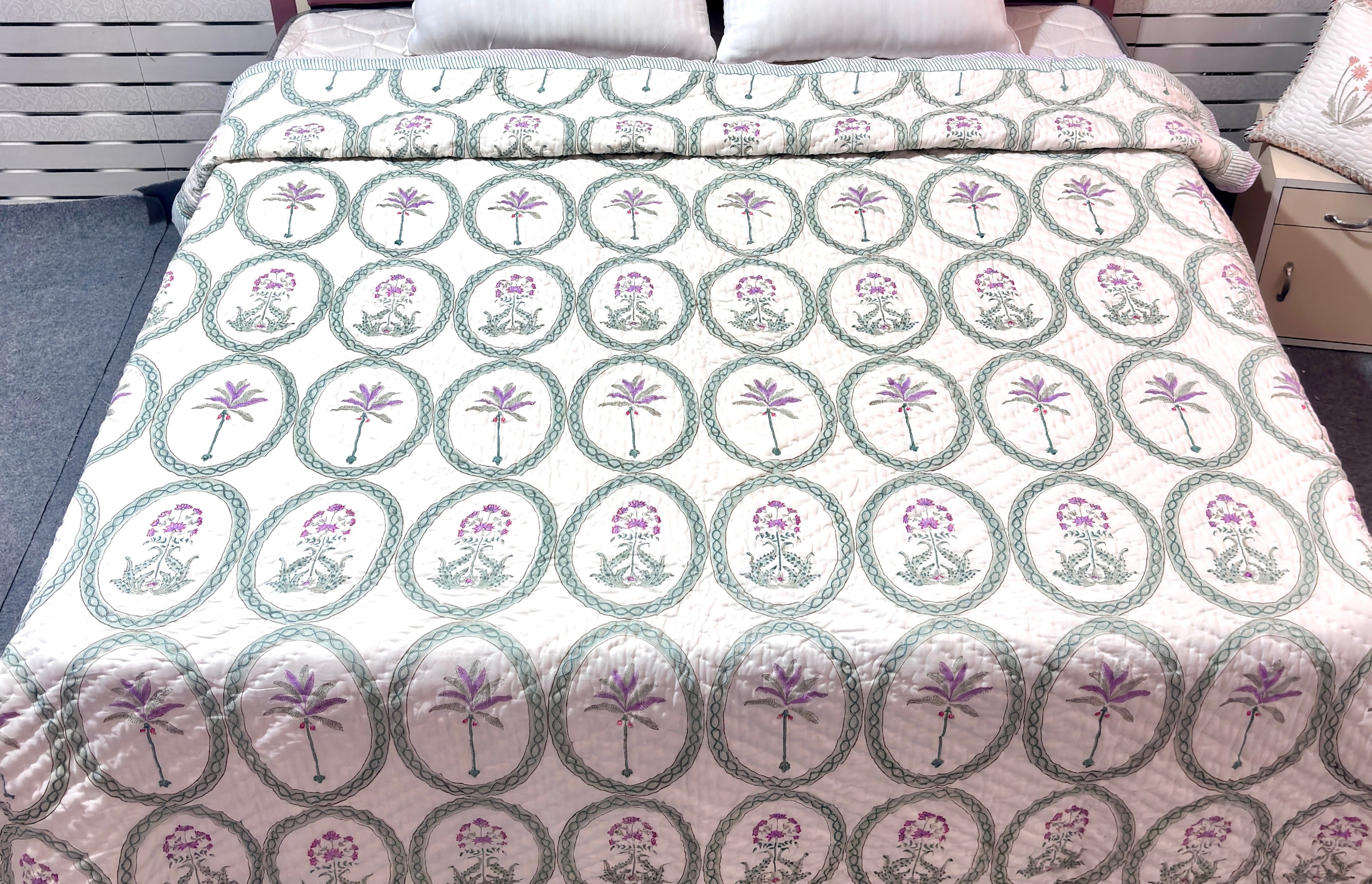 Hand Block Printed Cotton Quilt | Green Floral Medallion Reversible Bedspread | Handmade Indian Quilt | Lightweight Queen & King Size Bedding
