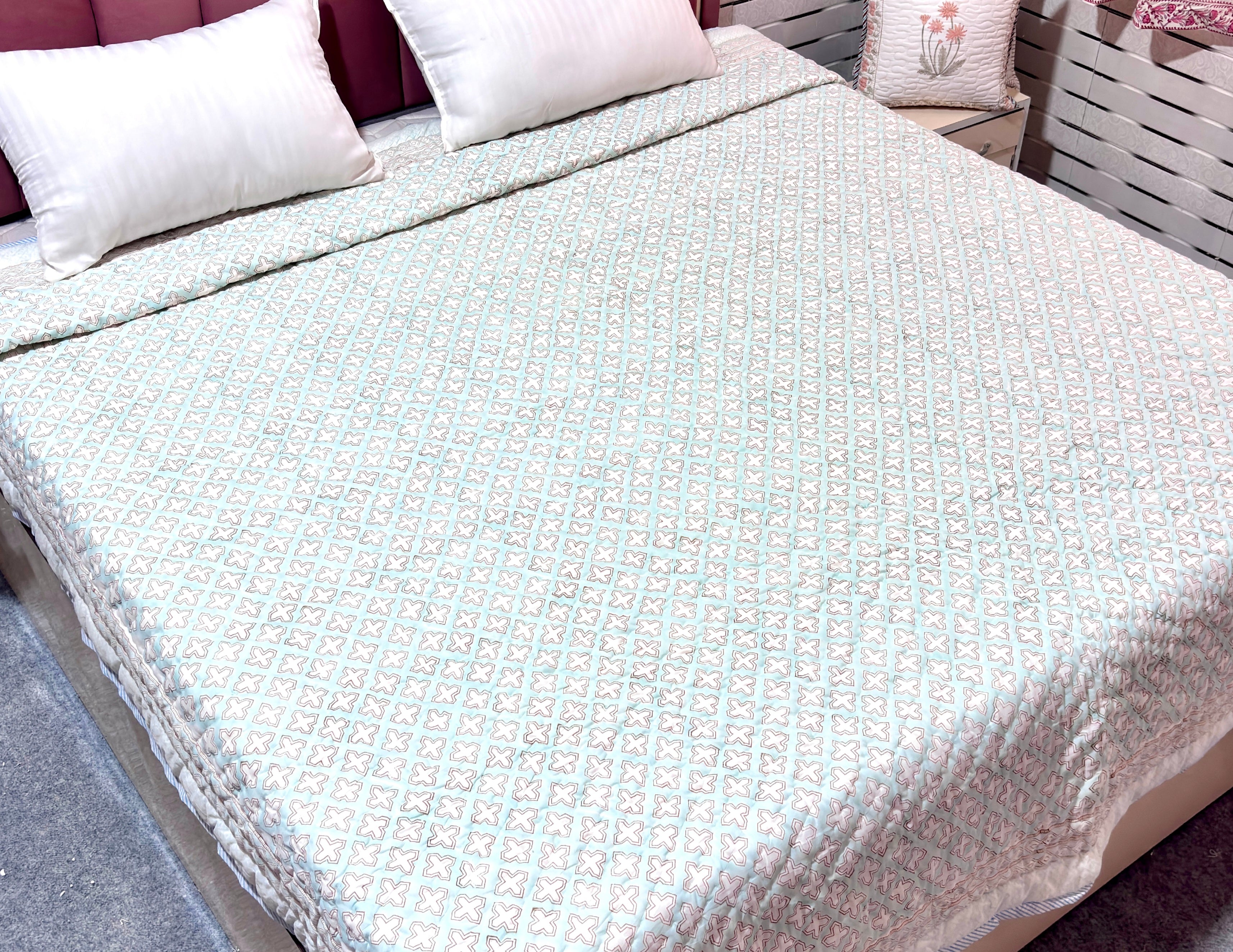 Aqua Blue & White Cotton Quilt | Reversible Quilted Bedspread | Lightweight Printed Quilt | Soft Cotton Bedding